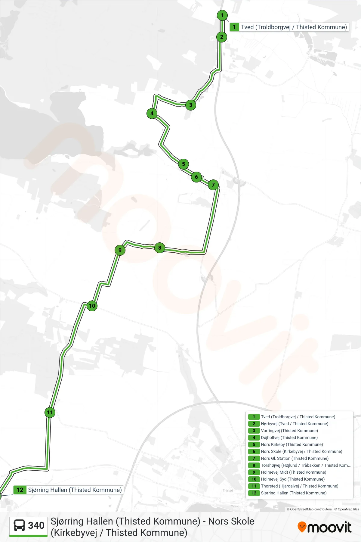340 bus Linje (Sjørring Hallen (Thisted Kommune)) rute og stop på et kort
