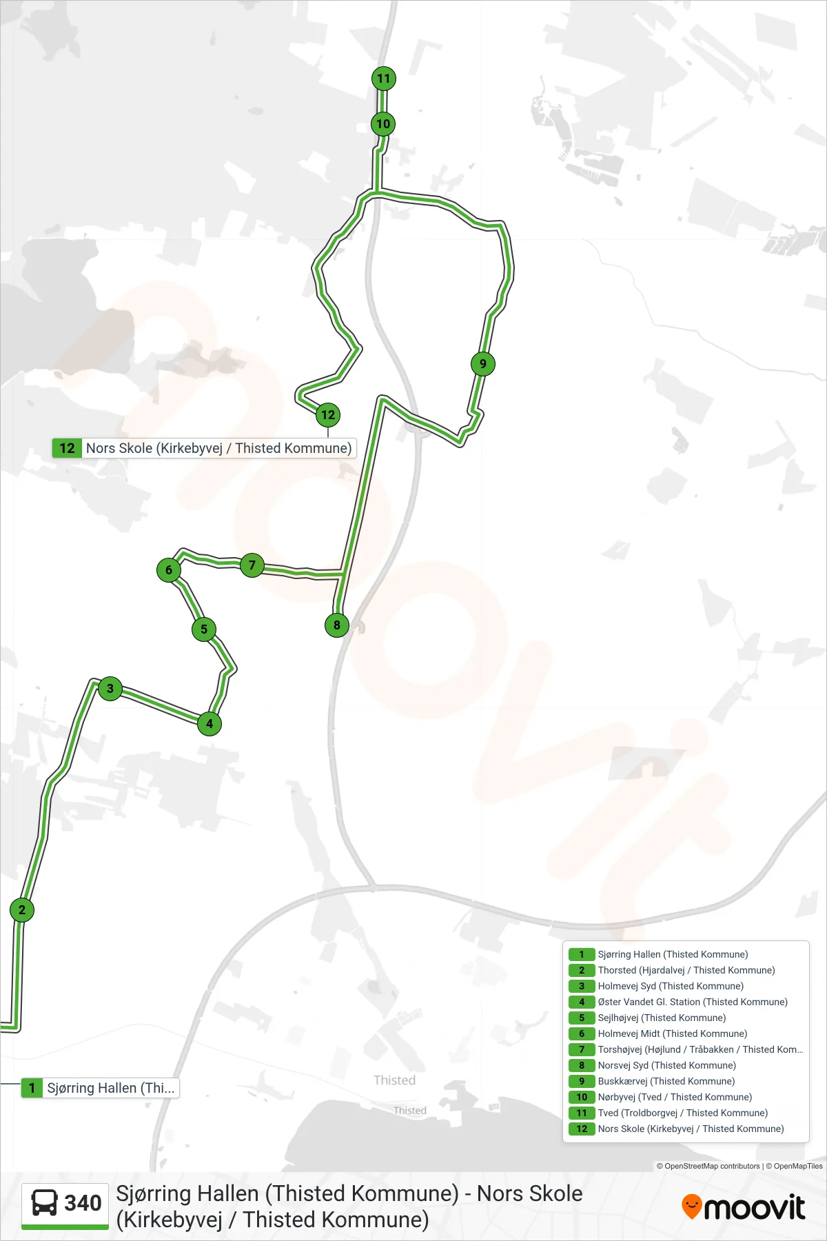 340 bus Line (Nors Skole (Kirkebyvej / Thisted Kommune)) route and stops on a map
