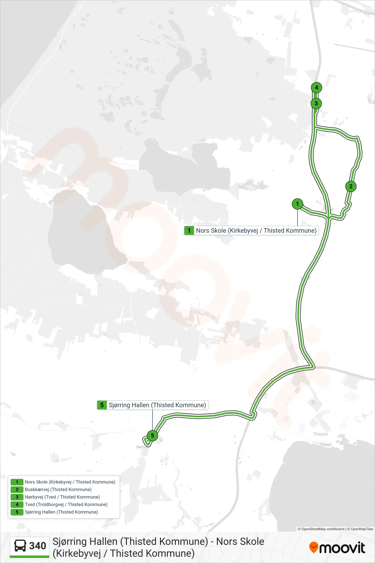 340 bus Line (Sjørring Hallen (Thisted Kommune)) route and stops on a map
