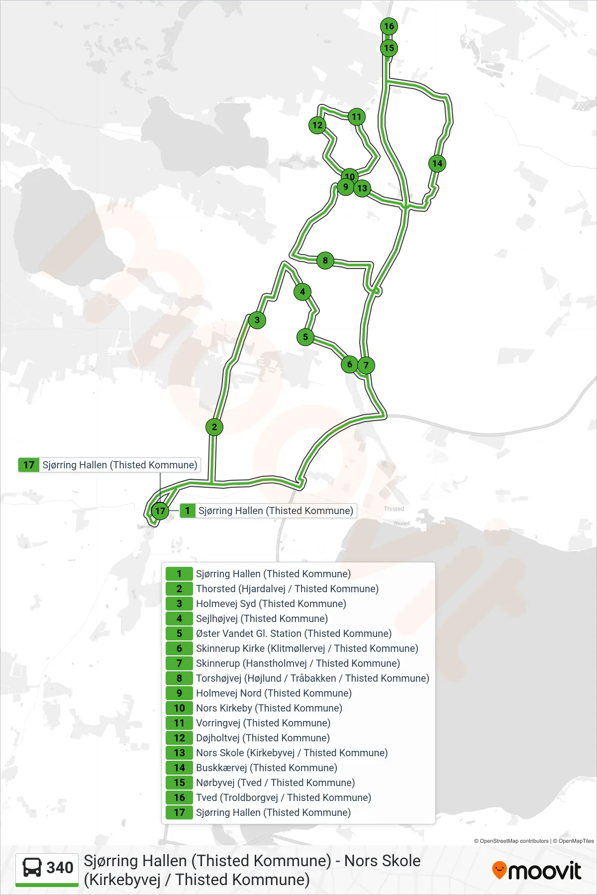 340 bus Linje (Nors-Sjørring) rute og stop på et kort