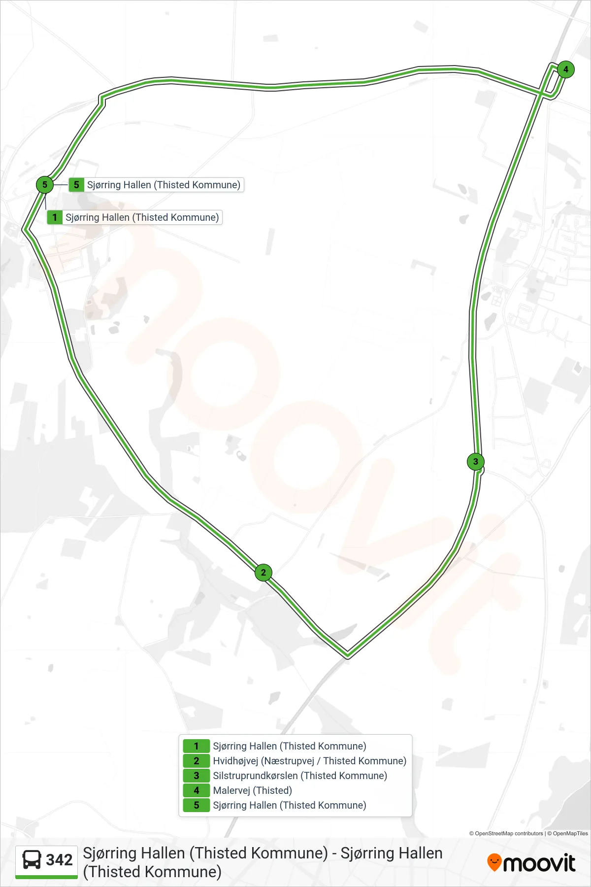 342 bus Linje (Sjørring Hallen (Thisted Kommune)) rute og stop på et kort