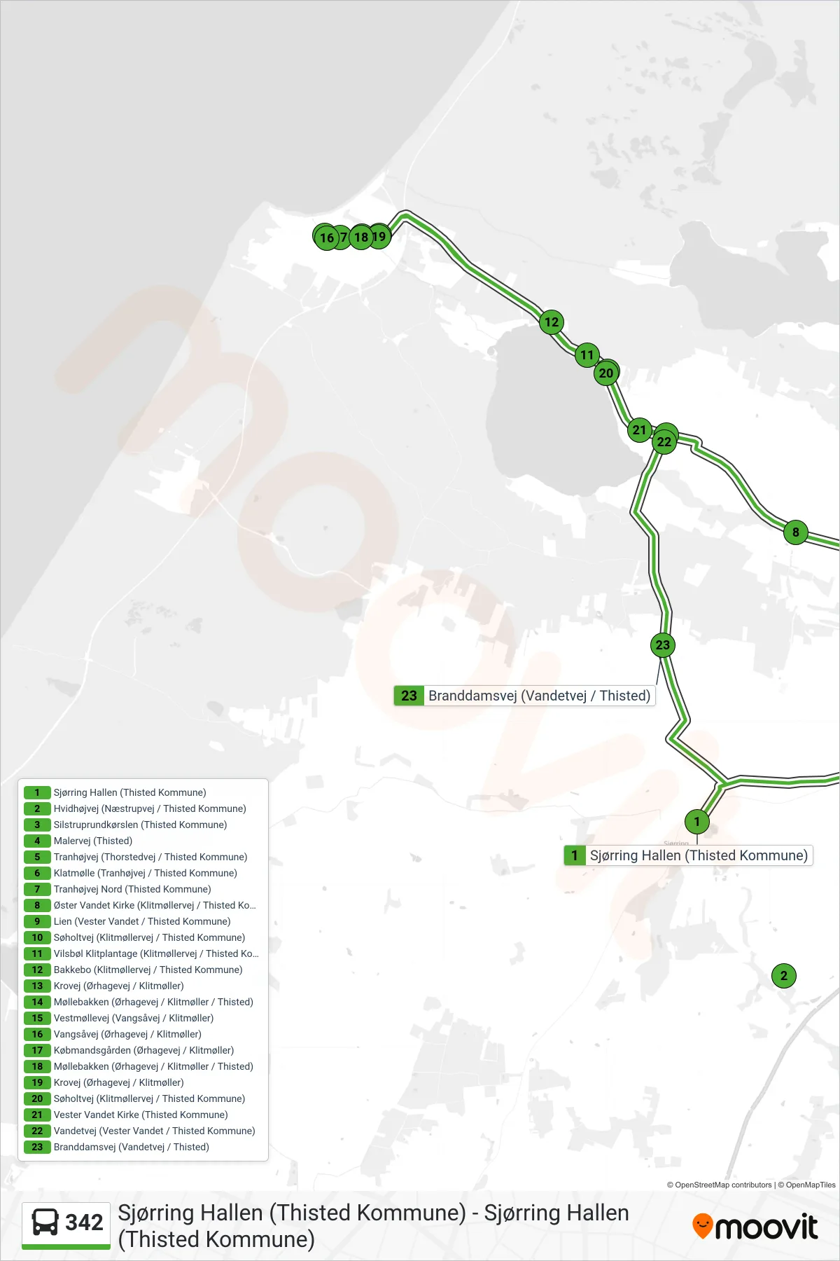 342 bus Linje (Klitmøller - Sjørring) rute og stop på et kort