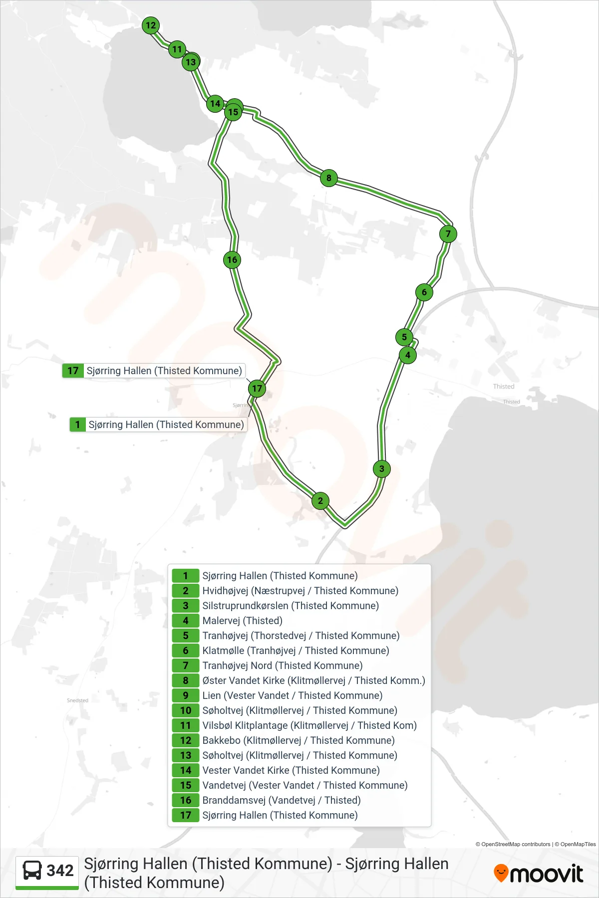 342 bus Linje (V. Vandet - Sjøring) rute og stop på et kort