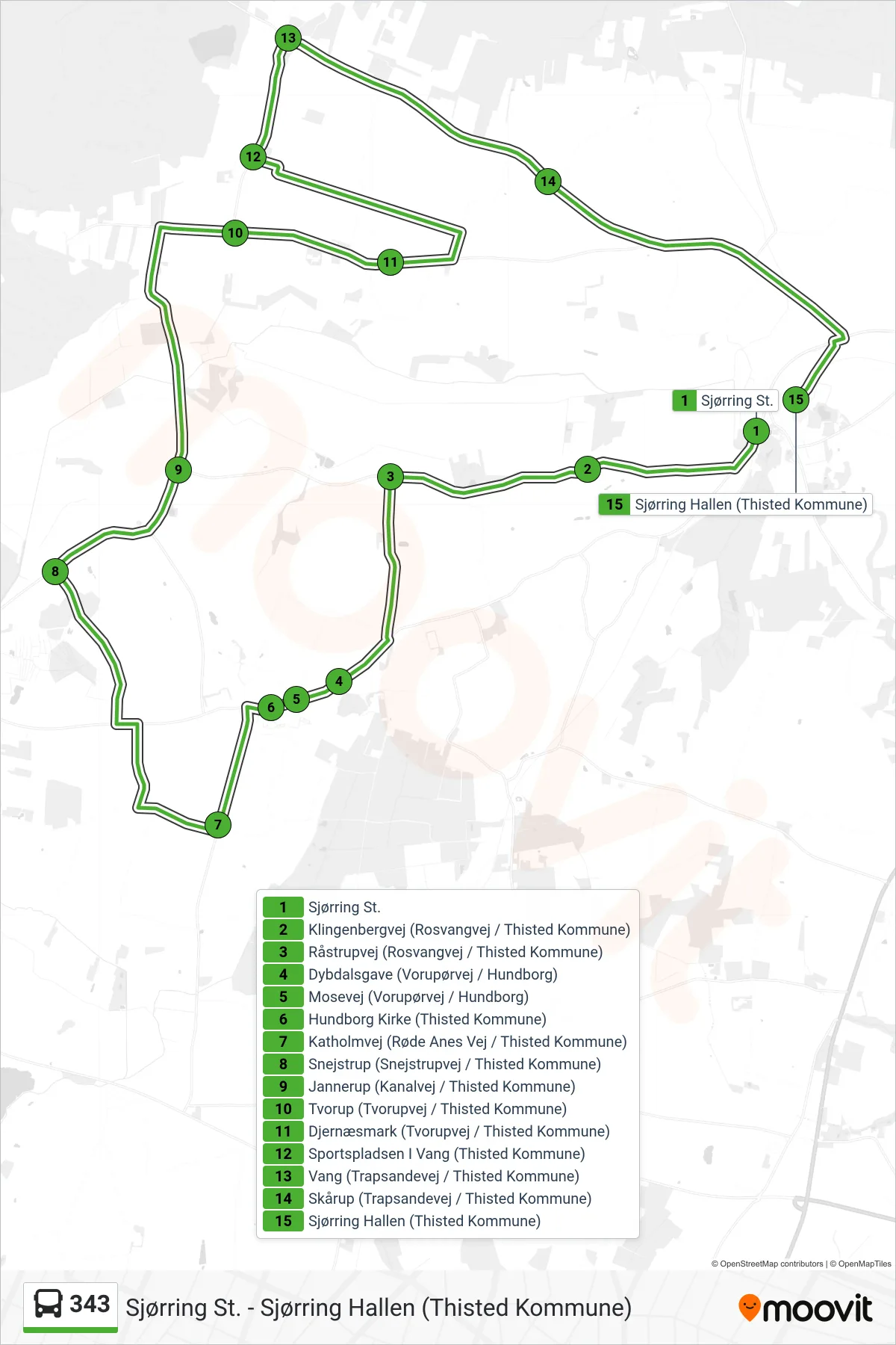 343 bus Linje (Hundborg - Vang - Sjørring) rute og stop på et kort