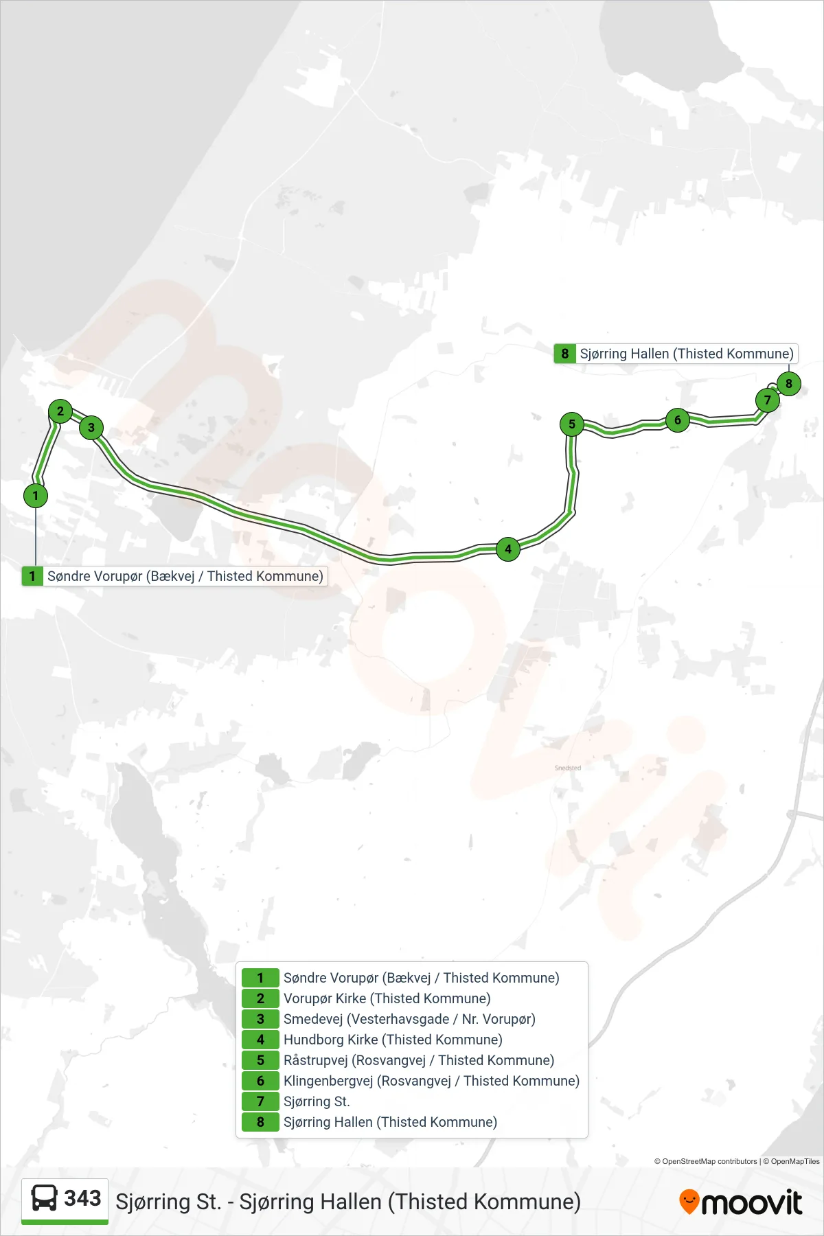 343 bus Linje (Sjørring (Få Stop)) rute og stop på et kort