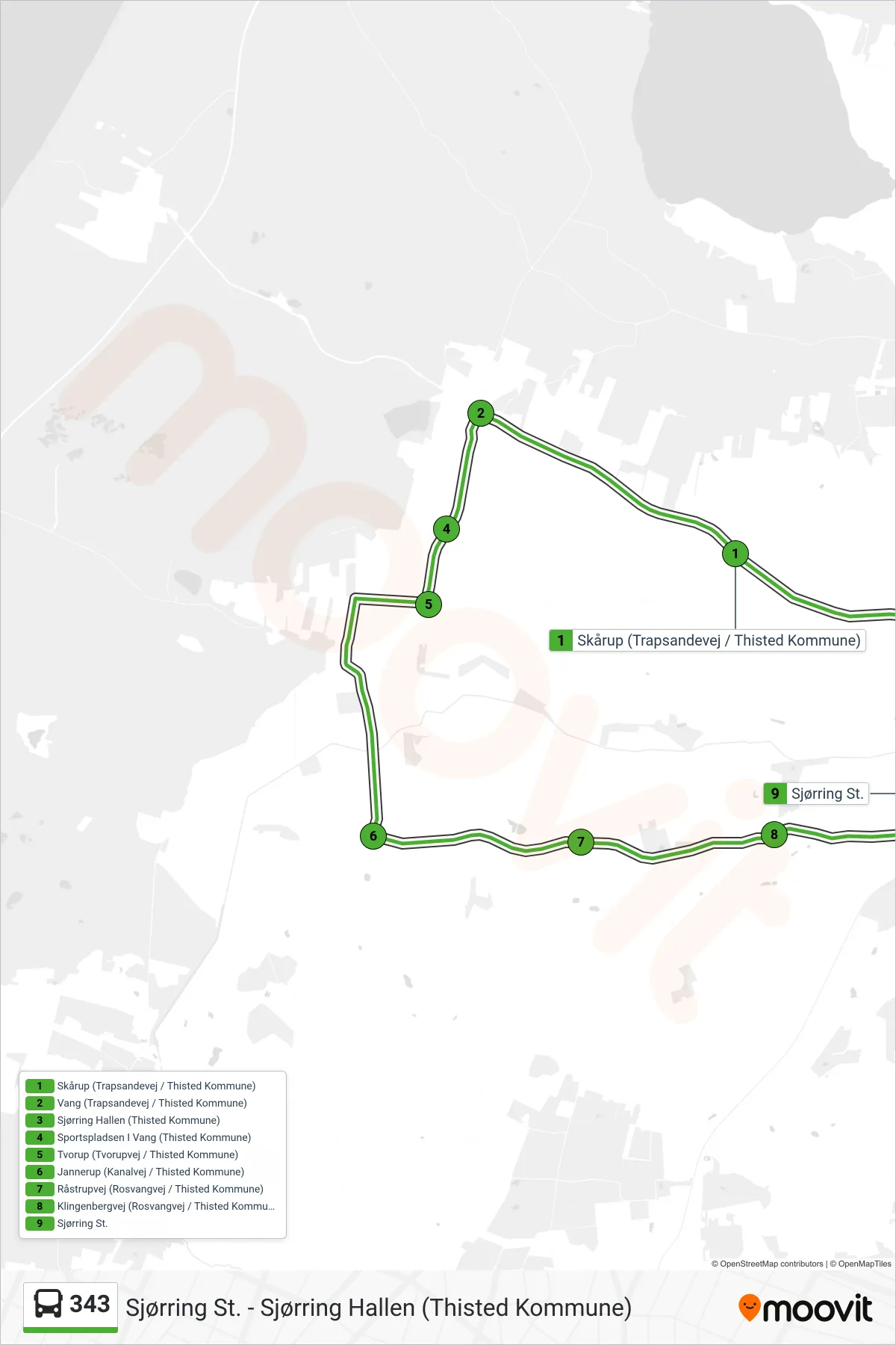 343 bus Linje (Vang - Sjørring) rute og stop på et kort