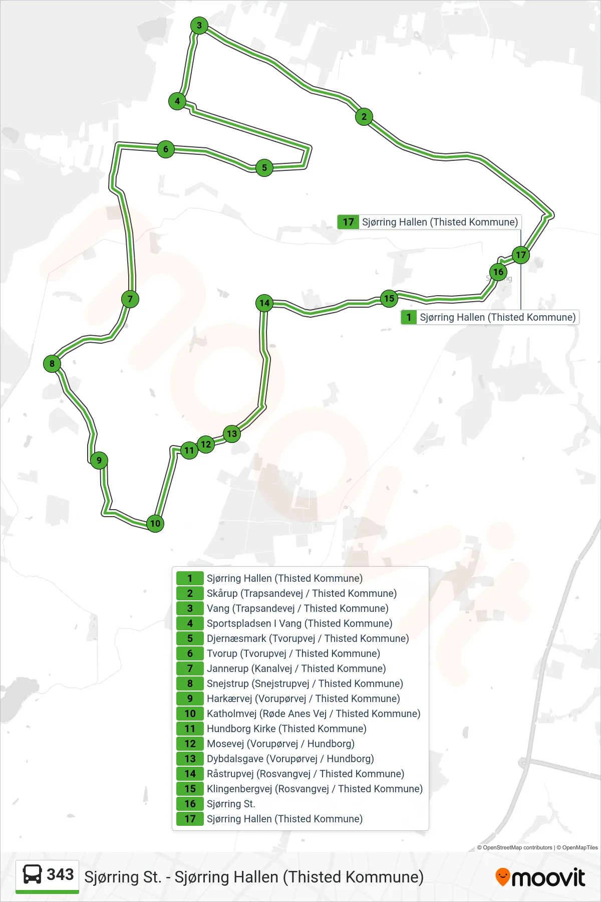 343 bus Linje (Vang - Hundborg - Sjøriing) rute og stop på et kort