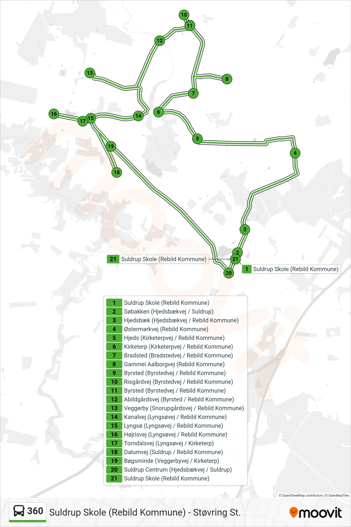 360 bus Linje (Suldrup Skole (Rebild Kommune)) rute og stop på et kort