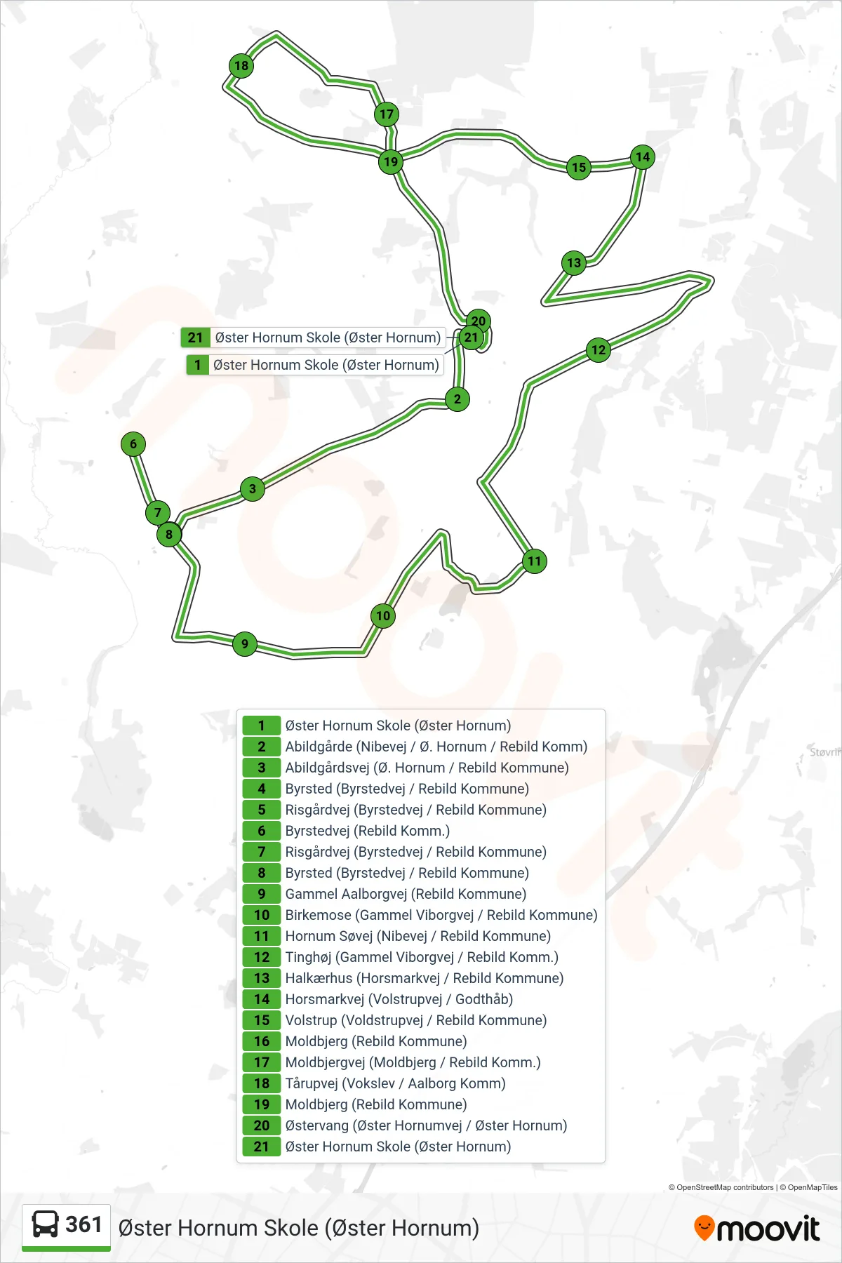 361 bus Linje (Øster Hornum Skole (Øster Hornum)) rute og stop på et kort