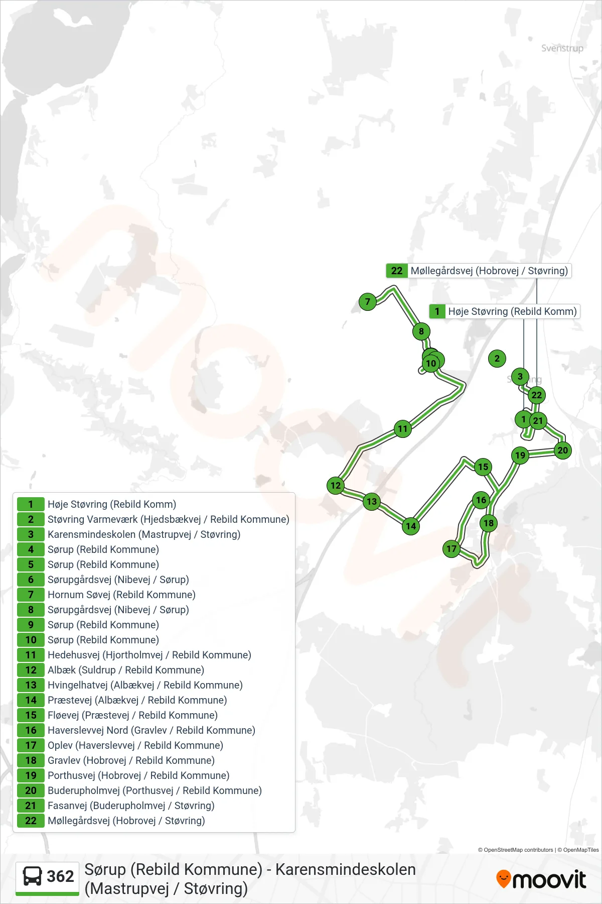 362 bus Linje (Karensmindeskolen (Mastrupvej / Støvring)) rute og stop på et kort