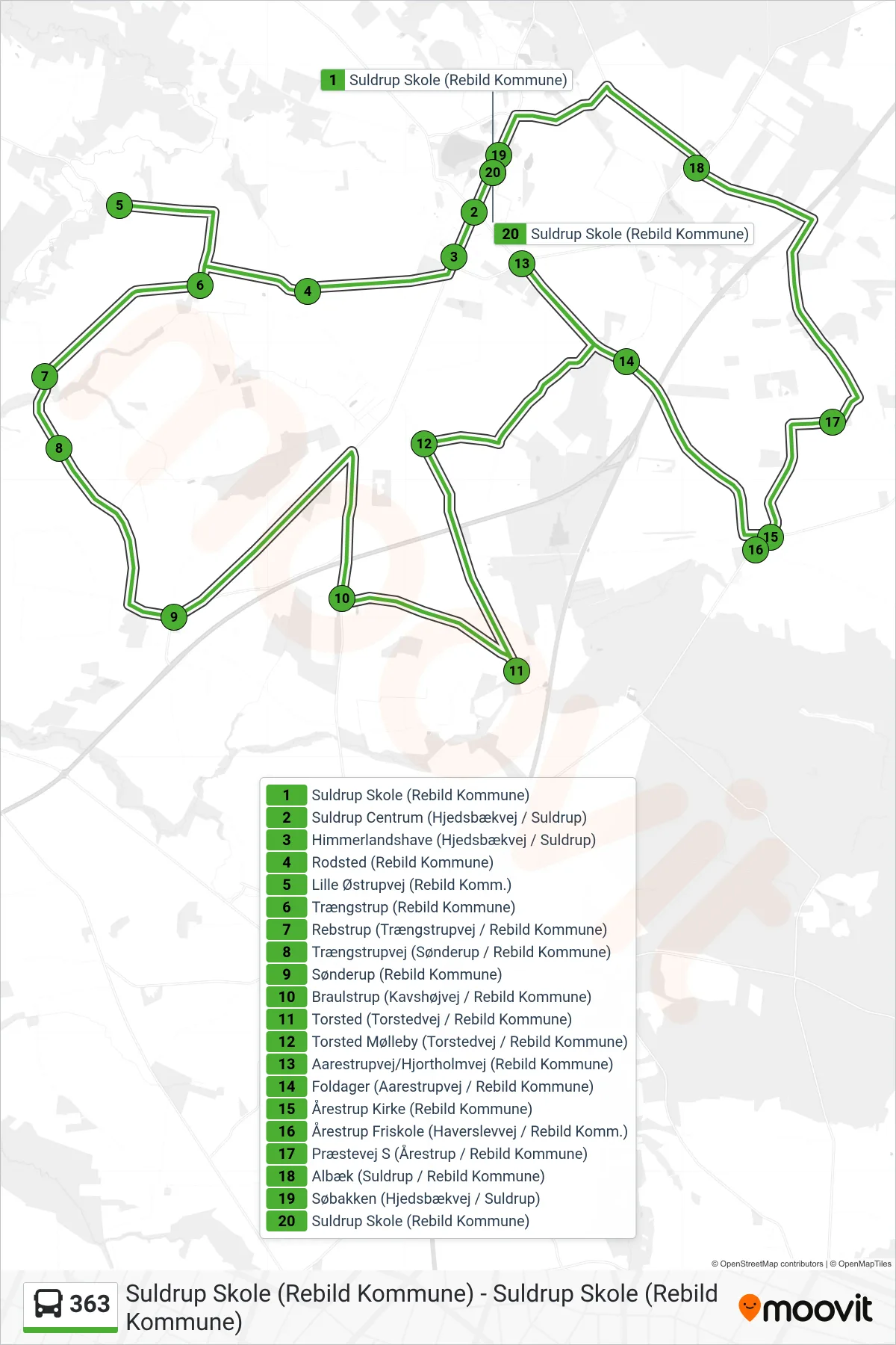 363 bus Linje (Suldrup Skole (Rebild Kommune)) rute og stop på et kort