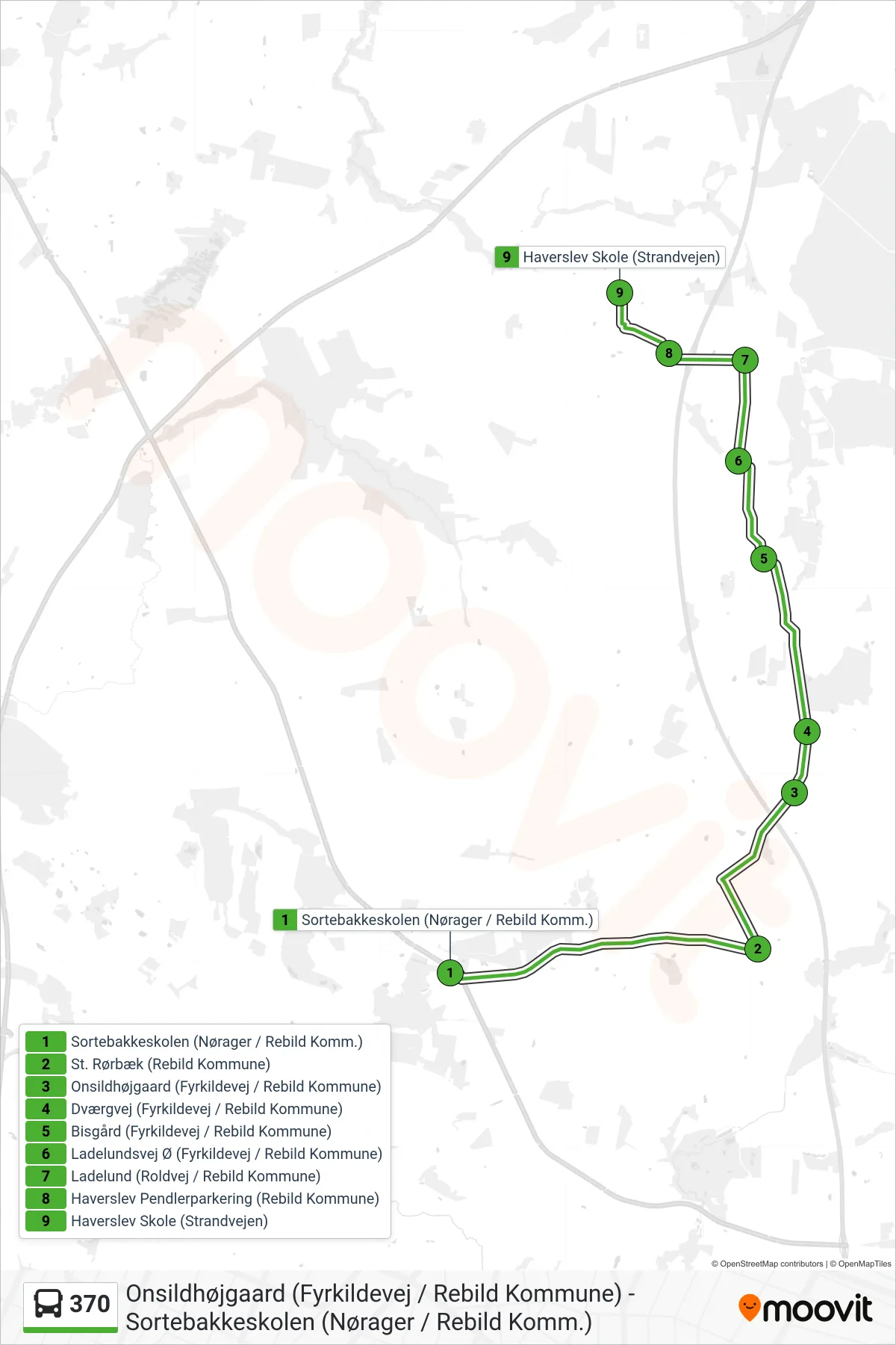 370 bus Line (Haverslev Skole (Strandvejen)) route and stops on a map