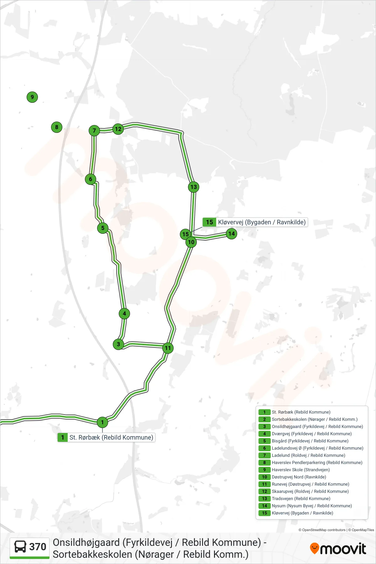 370 bus Linje (Sortebakkeskolen (Nørager / Rebild Komm.)) rute og stop på et kort