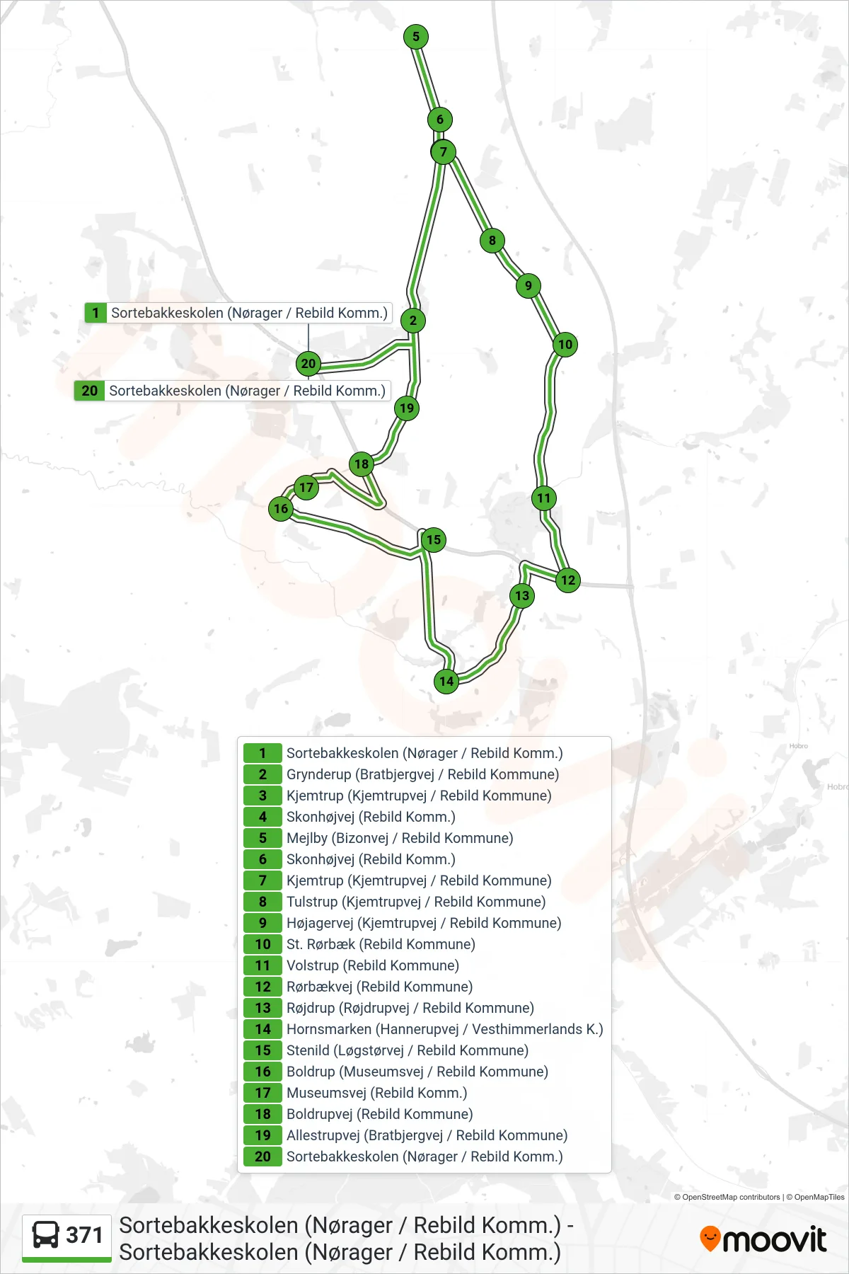 371 bus Linje (Sortebakkeskolen (Nørager / Rebild Komm.)) rute og stop på et kort
