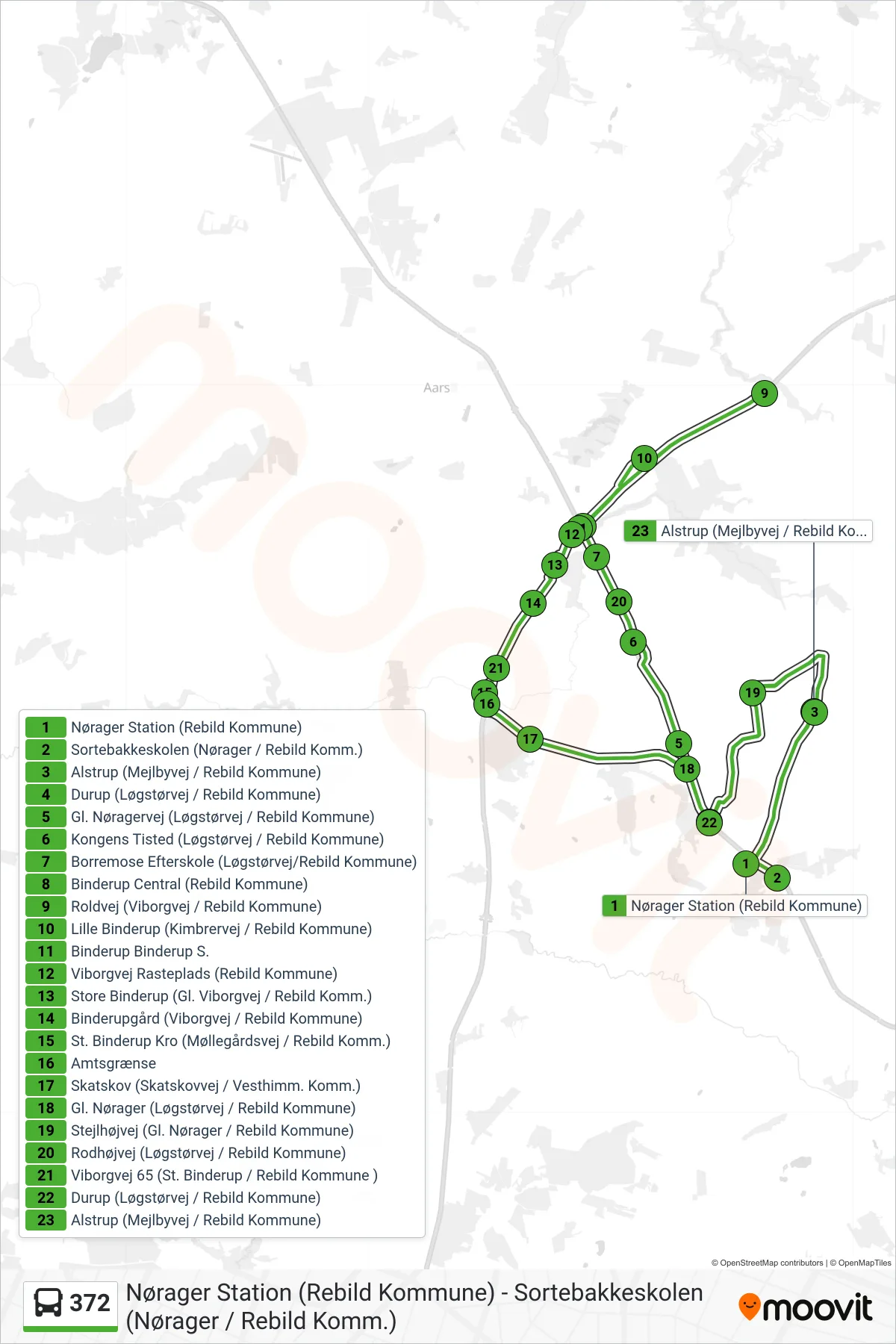 372 bus Linje (Sortebakkeskolen (Nørager / Rebild Komm.)) rute og stop på et kort