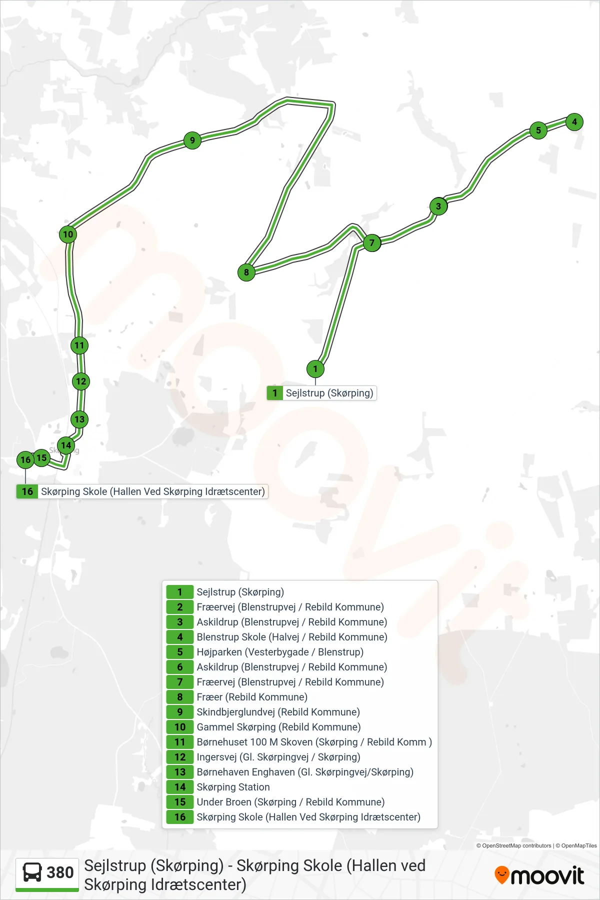 380 bus Linje (Skørping Skole (Hallen Ved Skørping Idrætscenter)) rute og stop på et kort