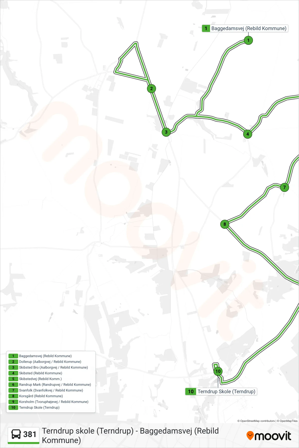381 bus Linje (Terndrup Skole (Terndrup)) rute og stop på et kort