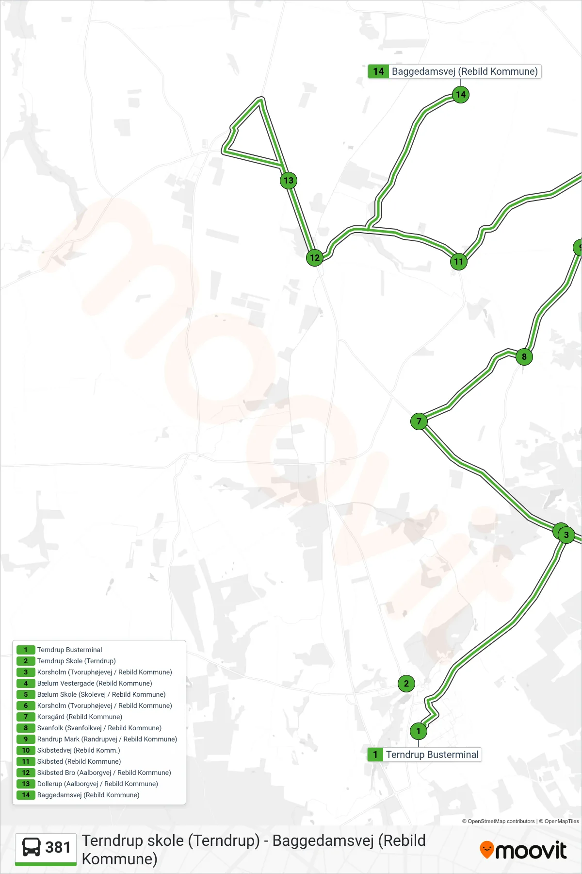 381 bus Linje (Baggedamsvej (Rebild Kommune)) rute og stop på et kort