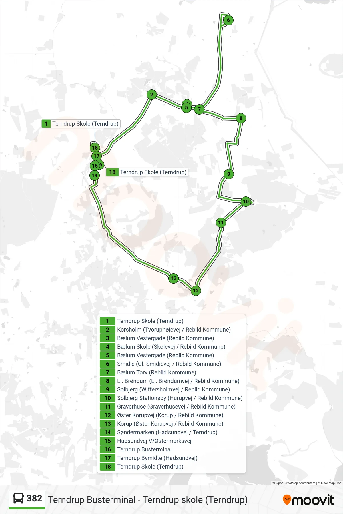 382 bus Linje (Terndrup Skole (Terndrup)) rute og stop på et kort