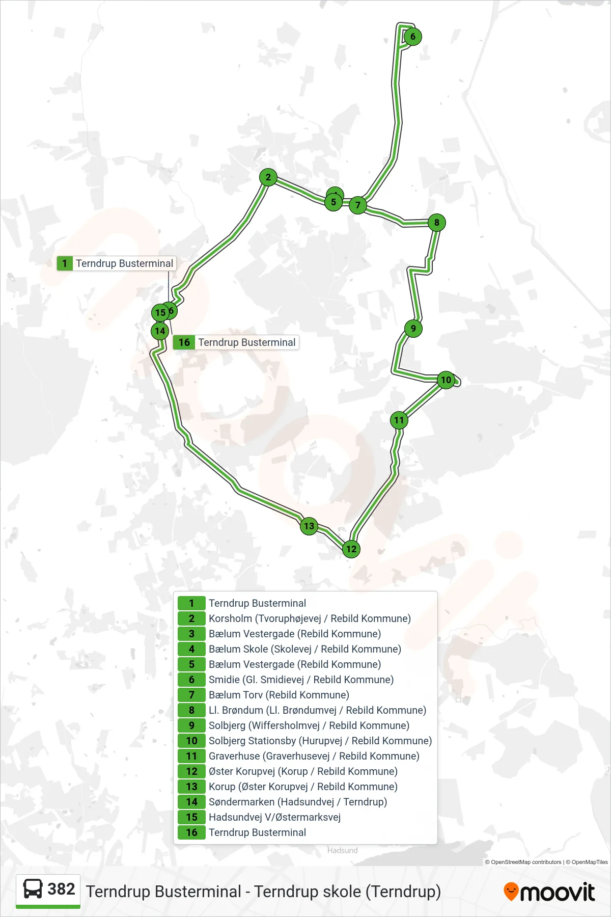382 bus Linje (Terndrup Busterminal) rute og stop på et kort