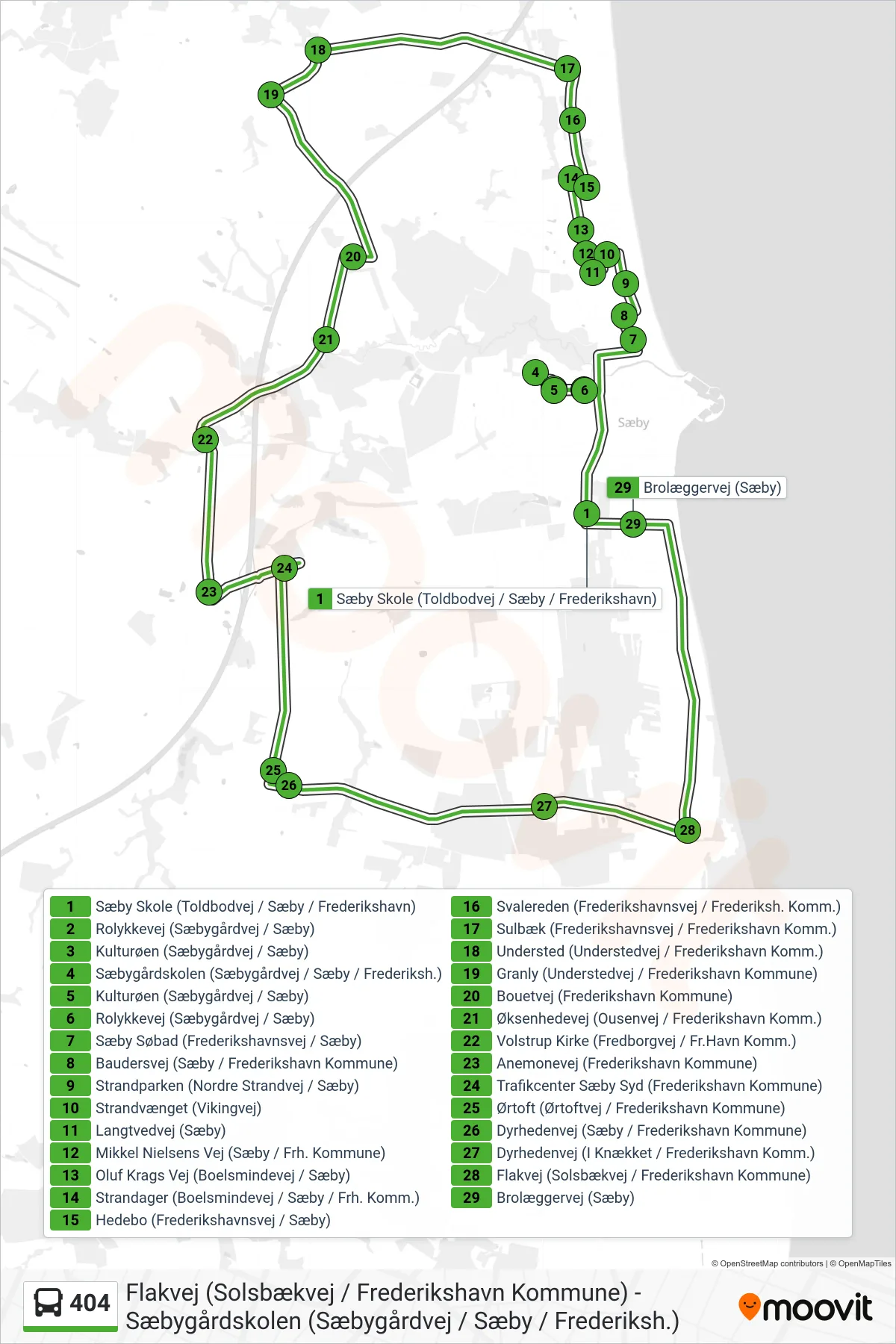 404 bus Line (Volstrup) route and stops on a map