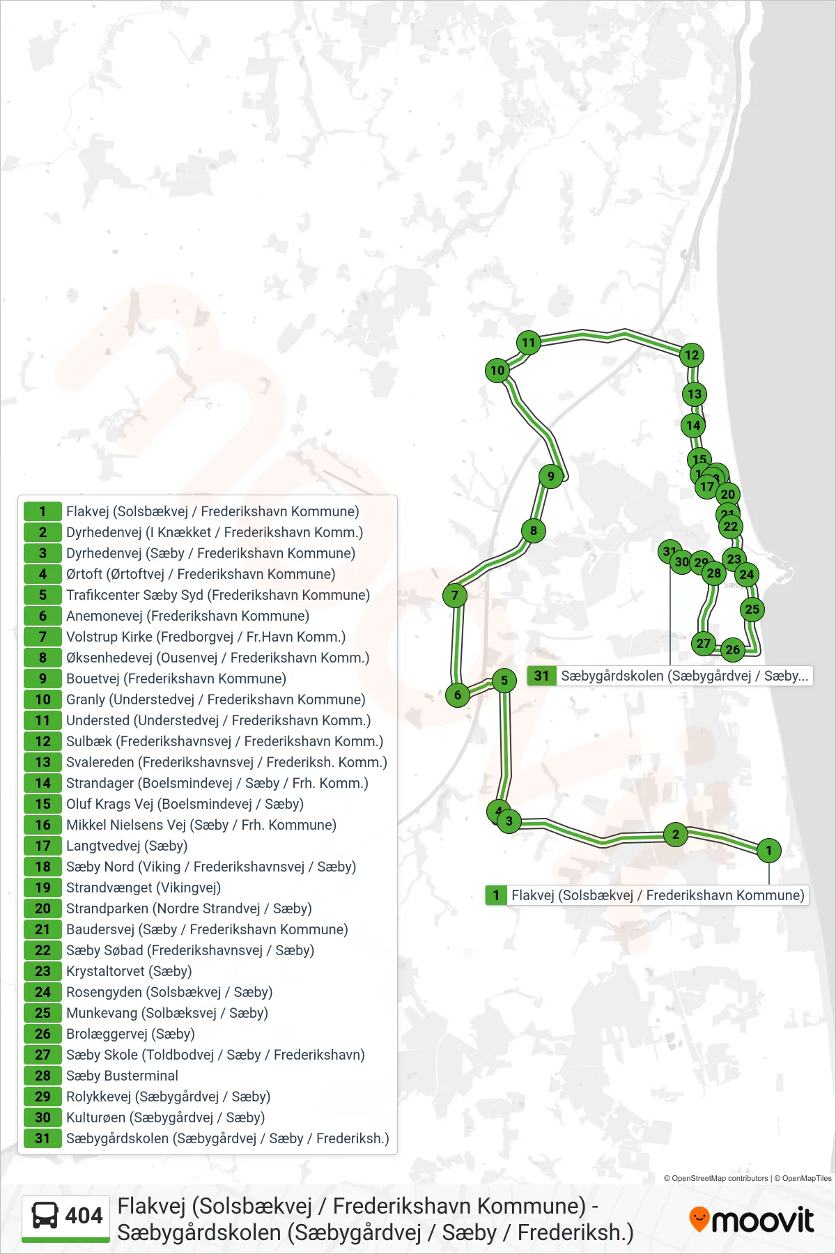404 bus Linje (Sæbygårdskolen) rute og stop på et kort