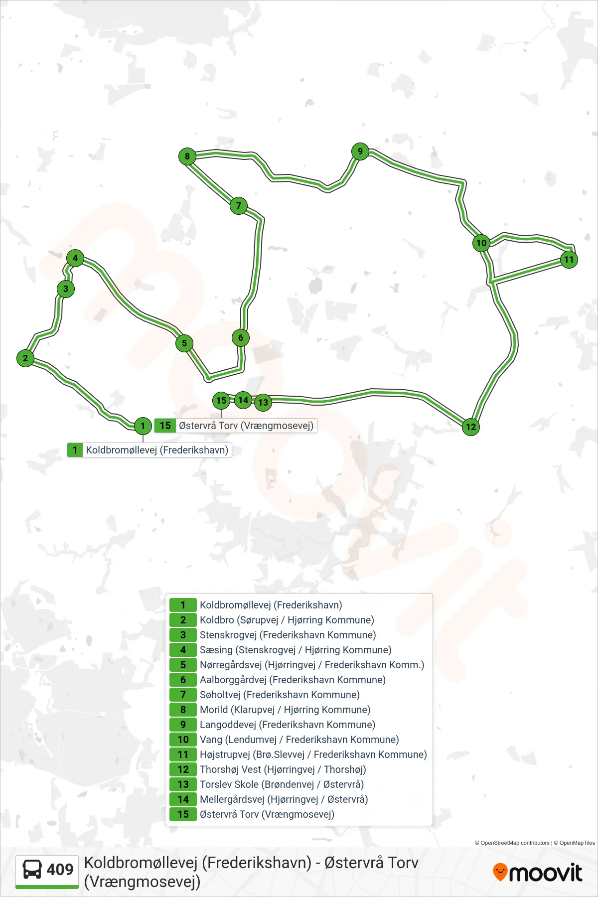 409 bus Linje (Østervrå Torv (Vrængmosevej)) rute og stop på et kort