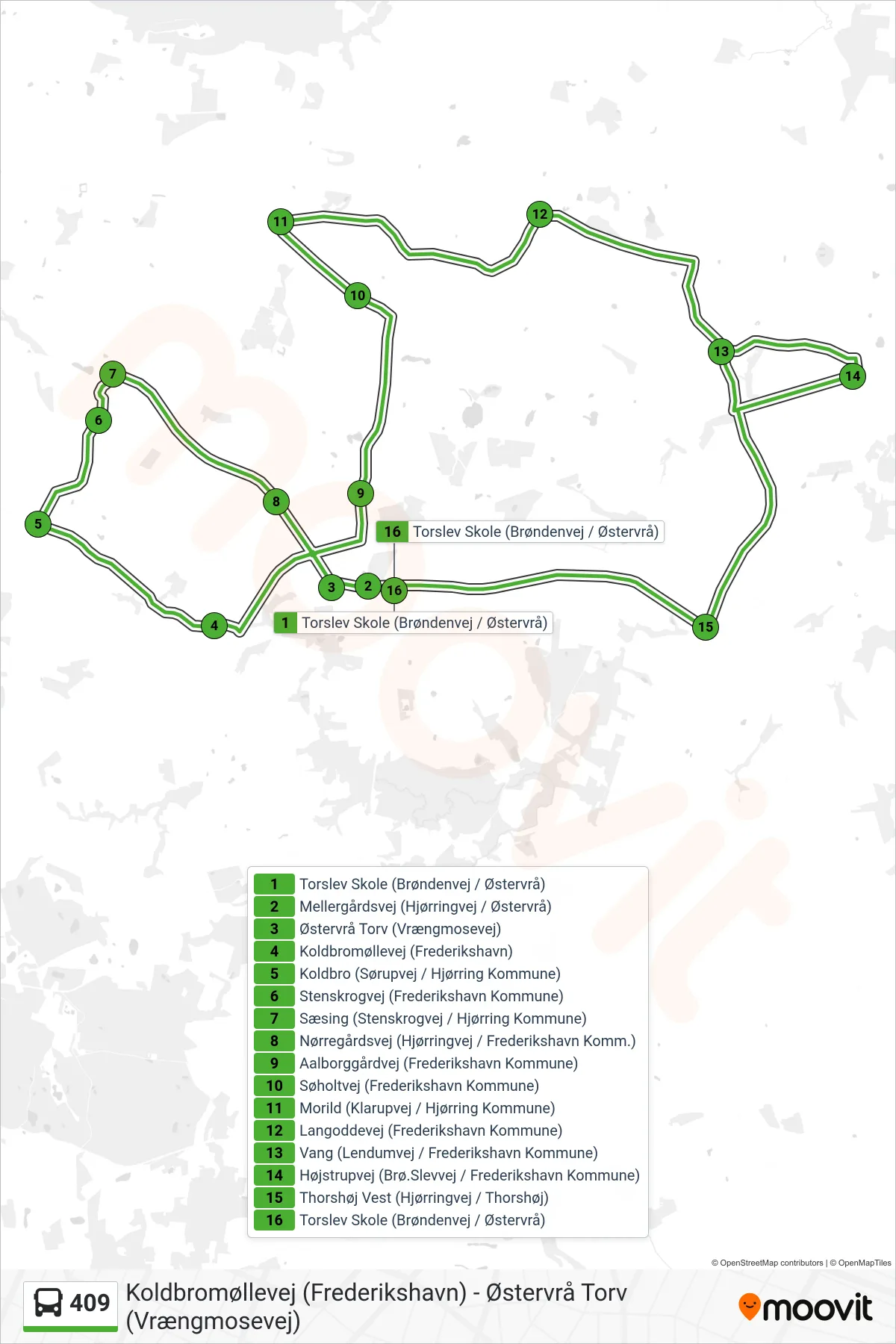 409 bus Linje (Torslev Skole (Brøndenvej / Østervrå)) rute og stop på et kort
