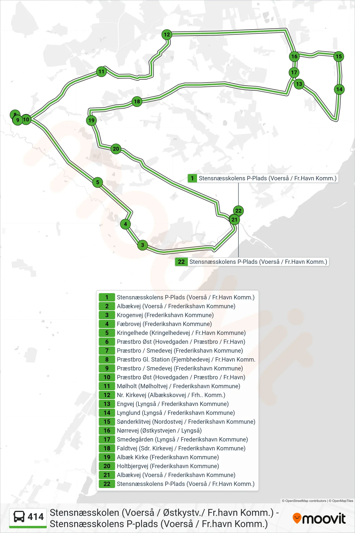 414 bus Linje (Stensnæsskolens P-Plads (Voerså / Fr.Havn Komm.)) rute og stop på et kort
