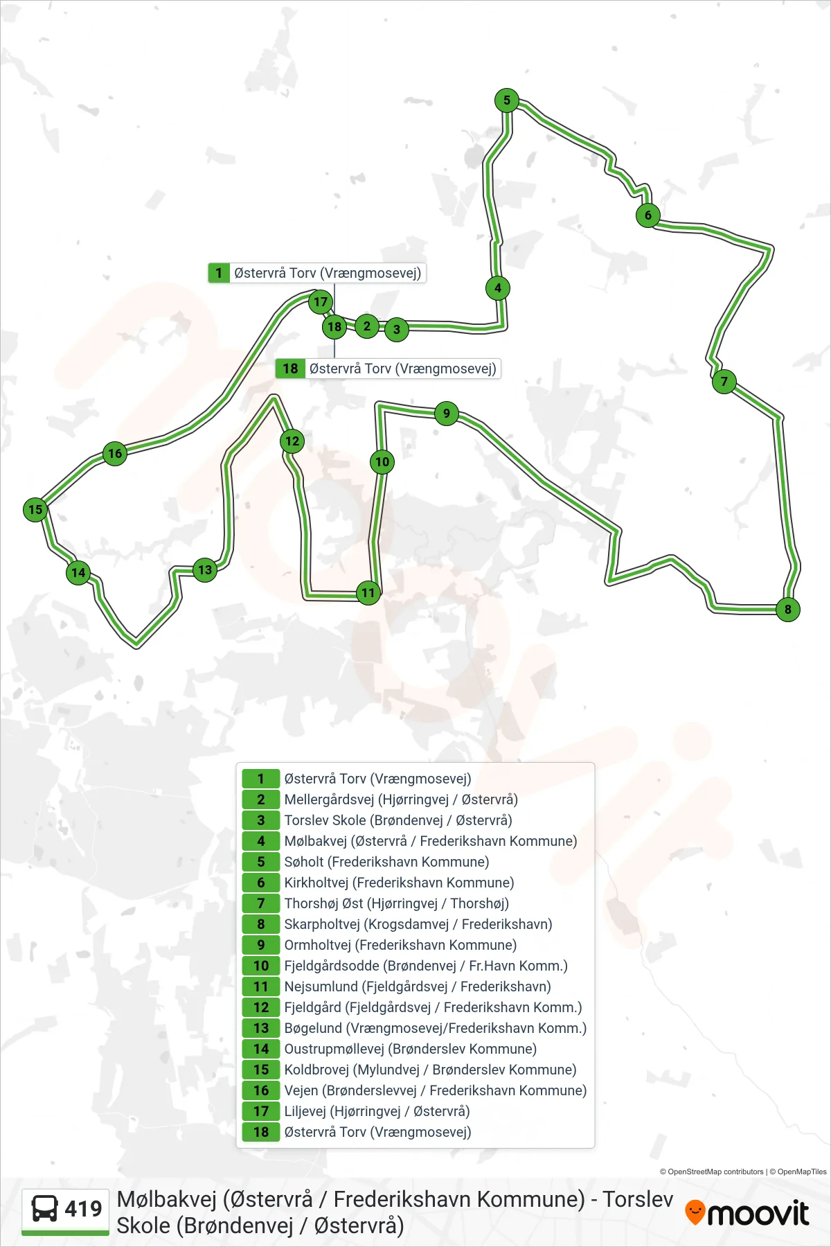 419 bus Linje (Østervrå Torv (Vrængmosevej)) rute og stop på et kort