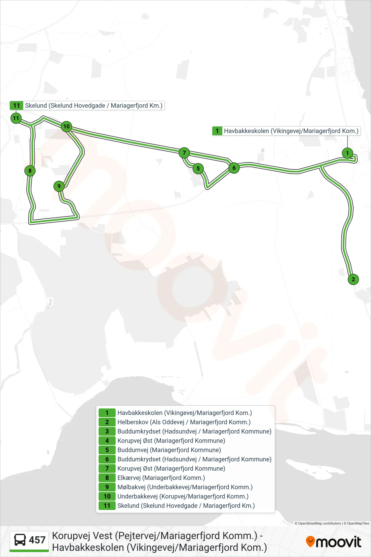 457 bus Linje (Skelund (Skelund Hovedgade / Mariagerfjord Km.)) rute og stop på et kort