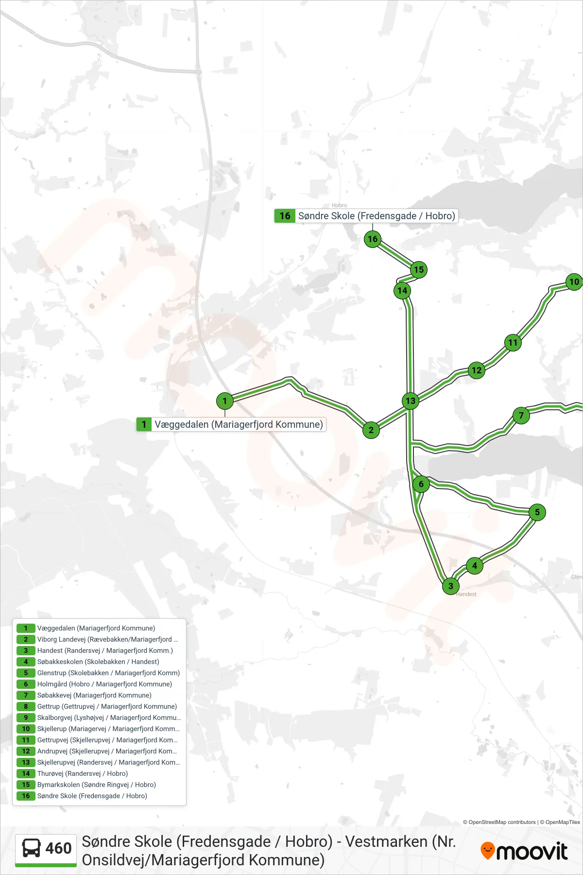 460 bus Linje (Søndre Skole (Fredensgade / Hobro)) rute og stop på et kort