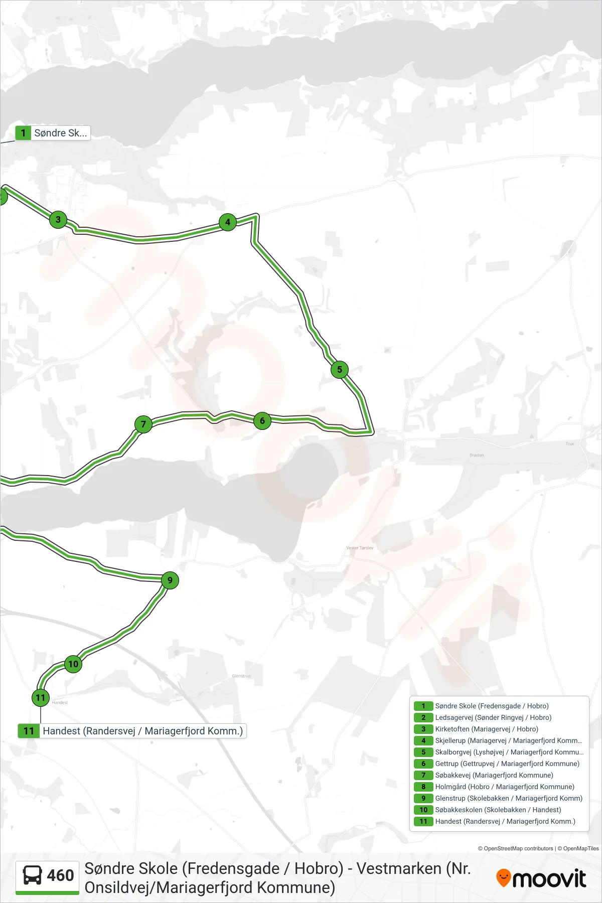 460 bus Linje (Handest (Randersvej / Mariagerfjord Komm.)) rute og stop på et kort