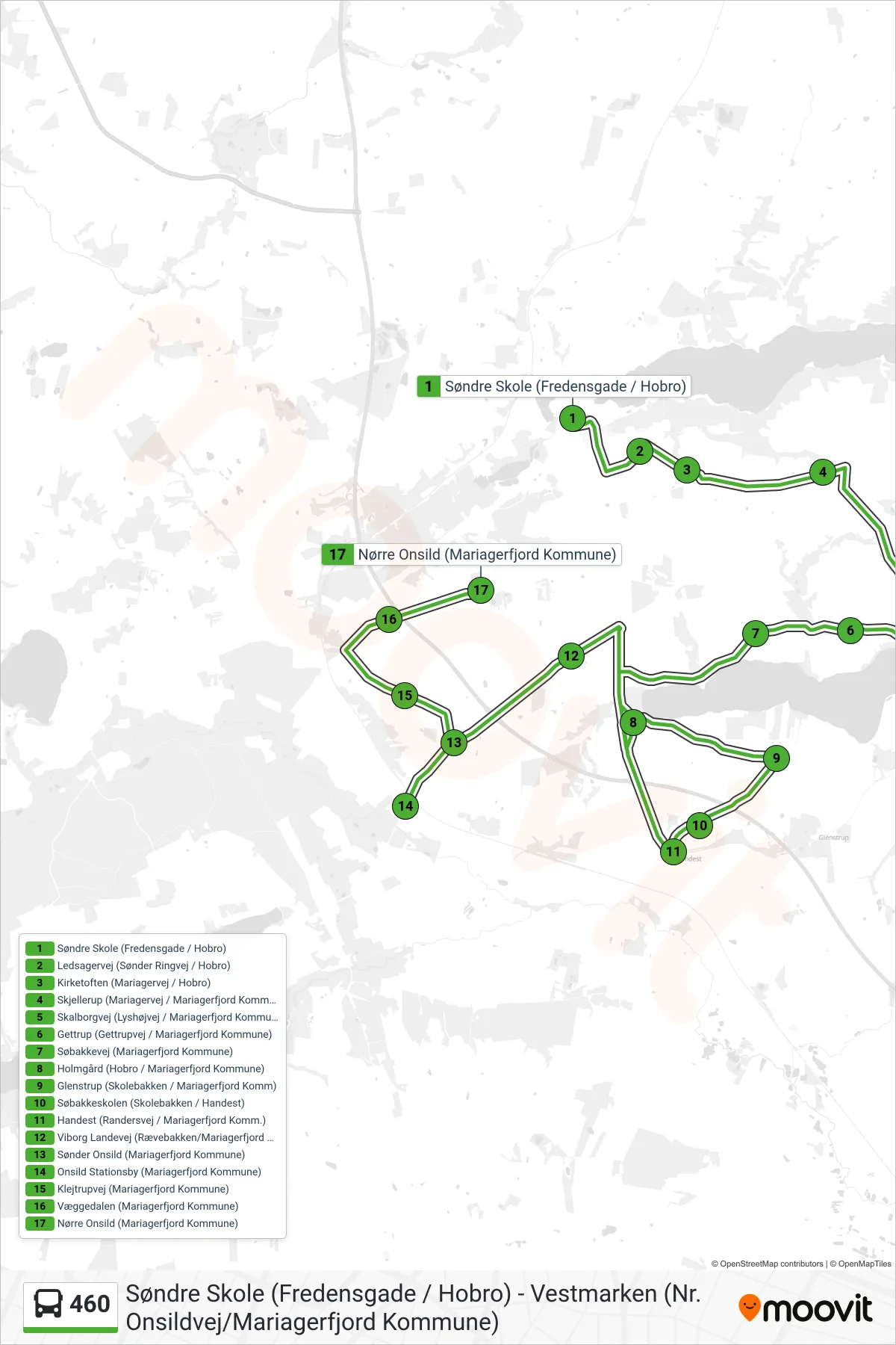 460 bus Linje (Nørre Onsild) rute og stop på et kort