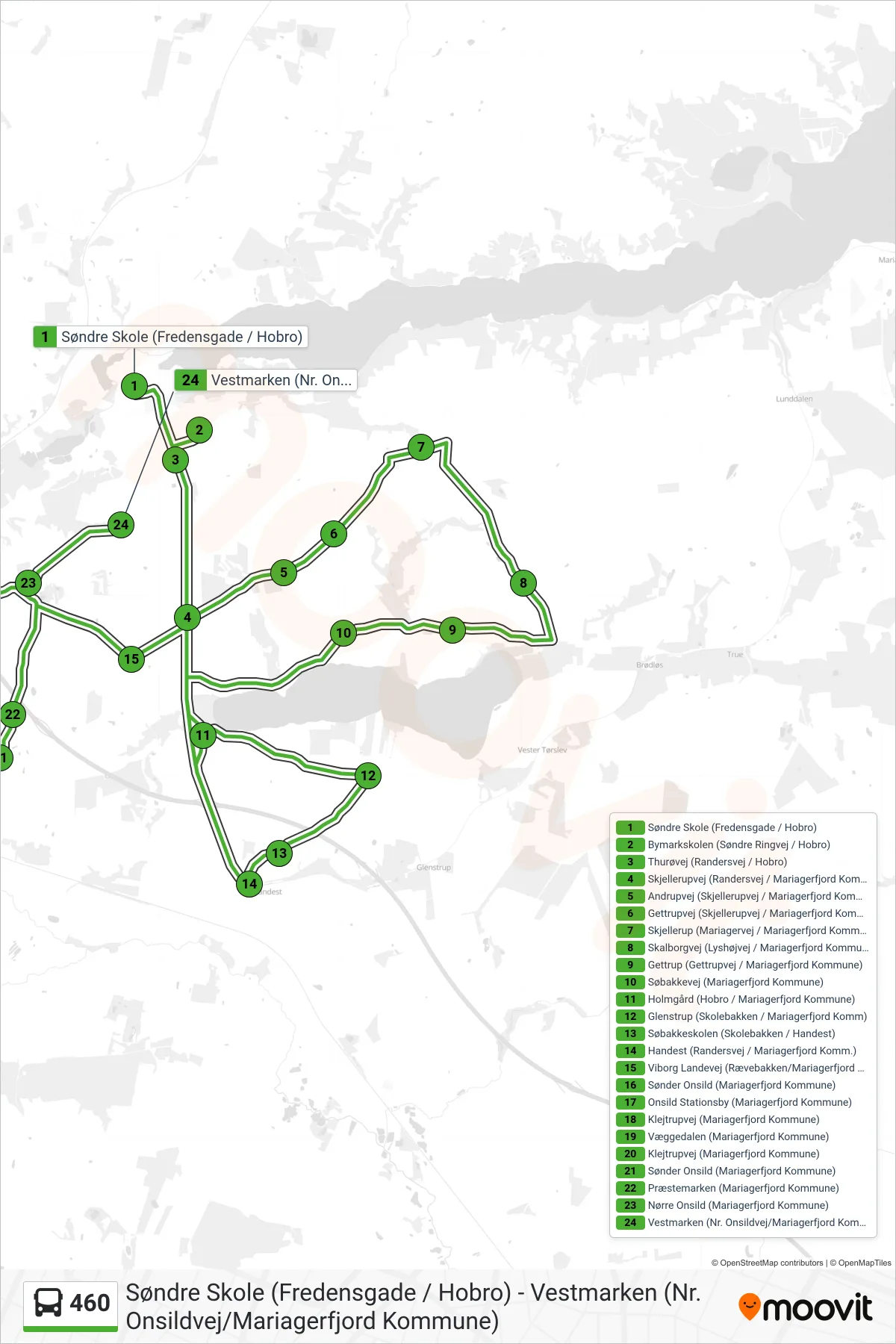460 bus Linje (Vestmarken (Nr. Onsildvej/Mariagerfjord Kommune)) rute og stop på et kort