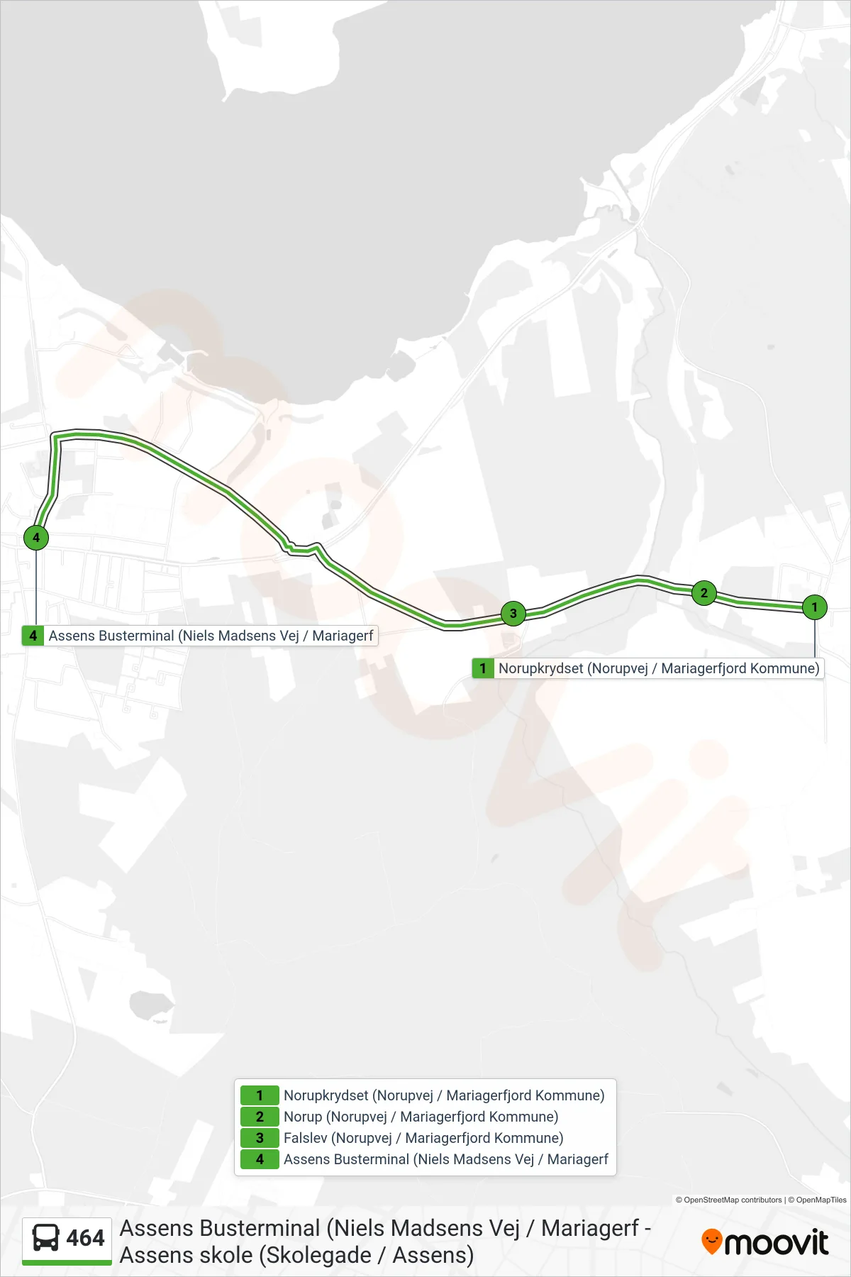 464 bus Linje (Assens Busterminal (Niels Madsens Vej / Mariagerf) rute og stop på et kort