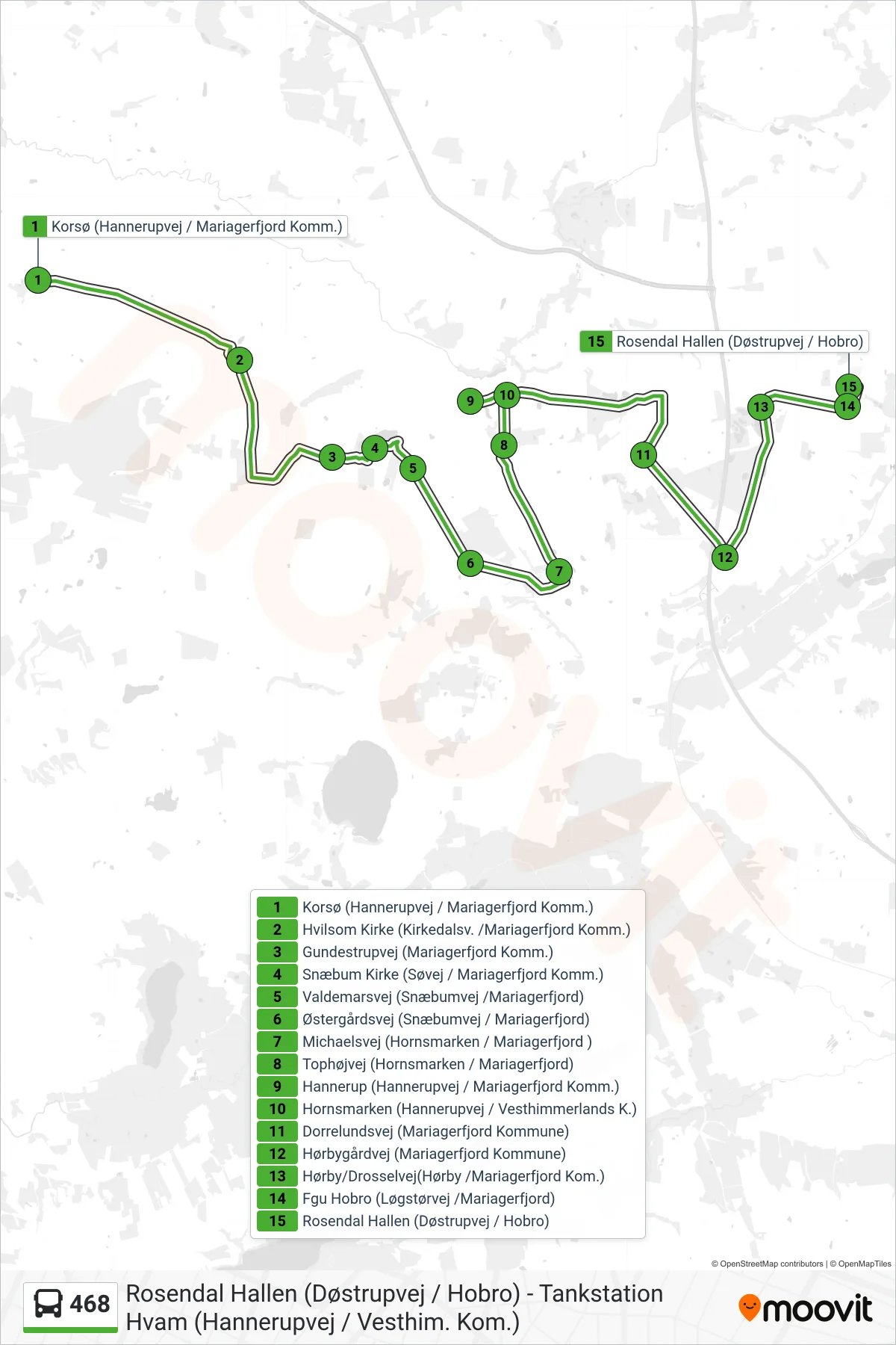 468 bus Linje (Rosendal Hallen (Døstrupvej / Hobro)) rute og stop på et kort