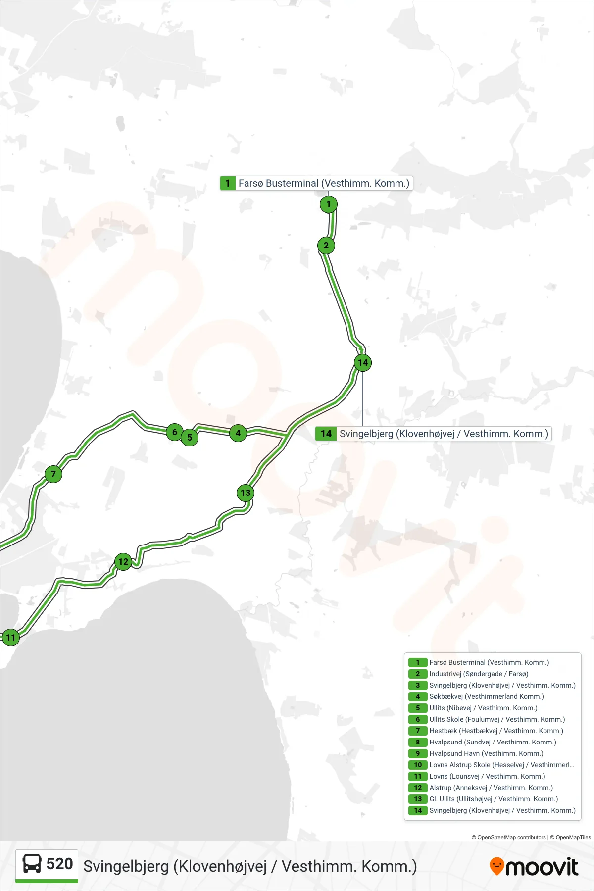 520 bus Linje (Svingelbjerg (Klovenhøjvej / Vesthimm. Komm.)) rute og stop på et kort