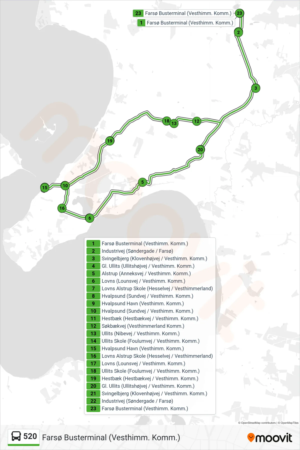 520 bus Linje (Farsø Busterminal (Vesthimm. Komm.)) rute og stop på et kort