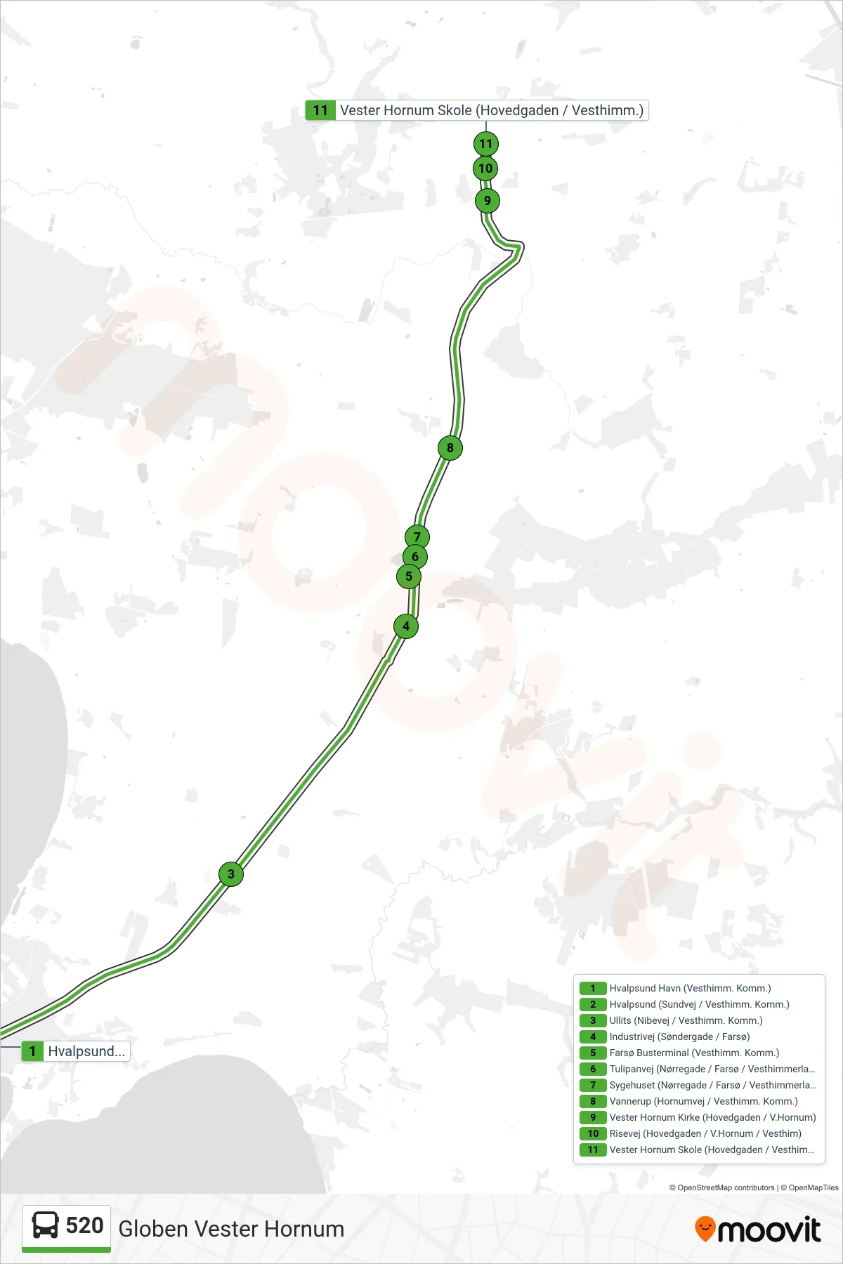 520 bus Linje (Globen Vester Hornum) rute og stop på et kort