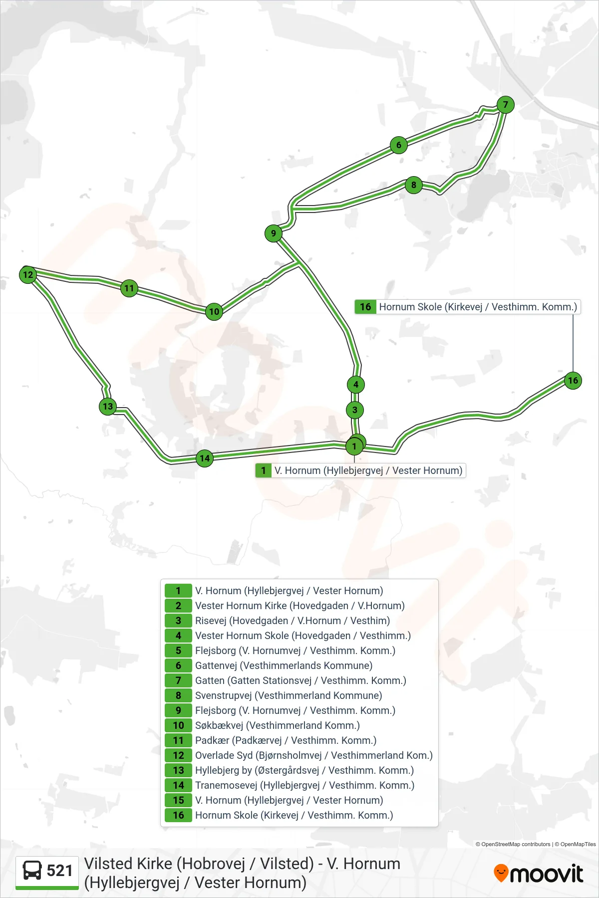 521 bus Linje (Hornum Skole (Kirkevej / Vesthimm. Komm.)) rute og stop på et kort