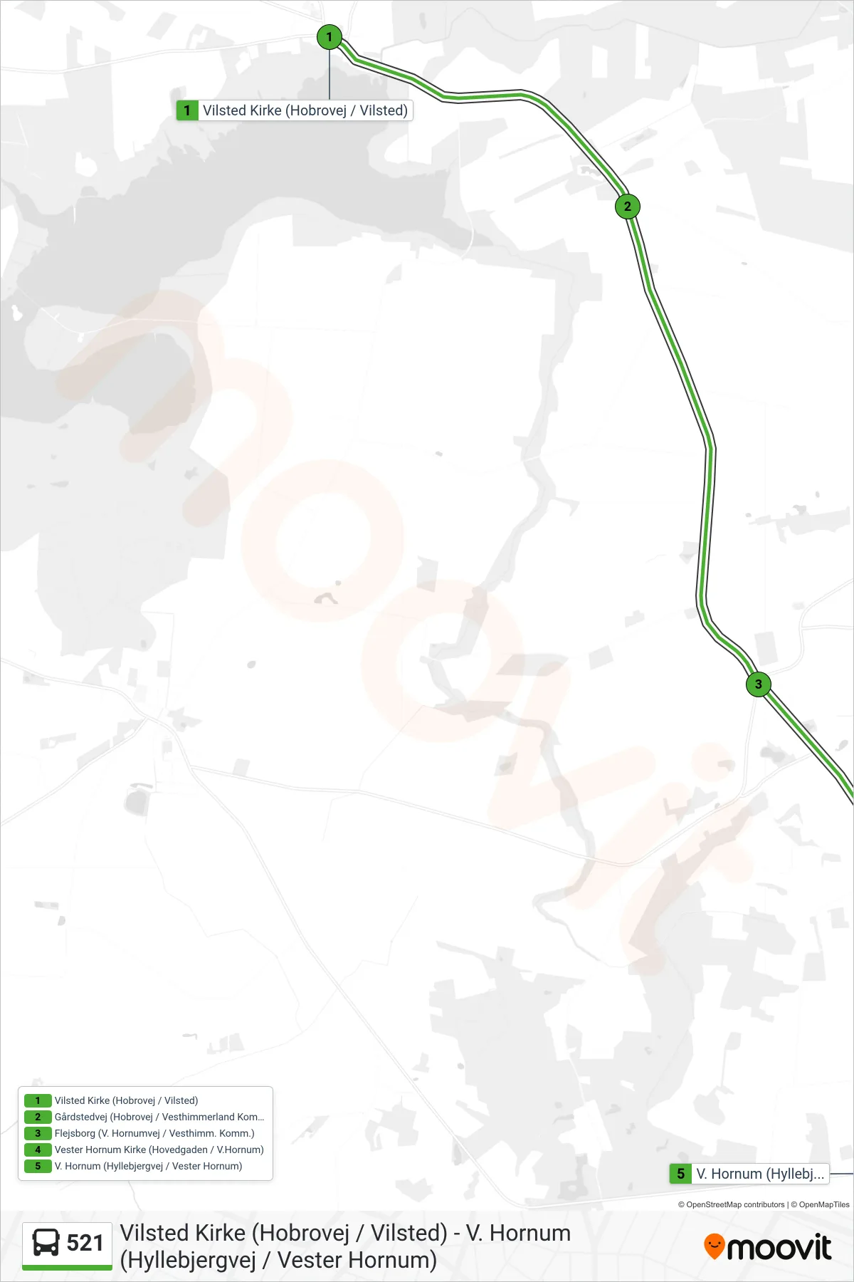 521 bus Linje (V. Hornum (Hyllebjergvej / Vester Hornum)) rute og stop på et kort