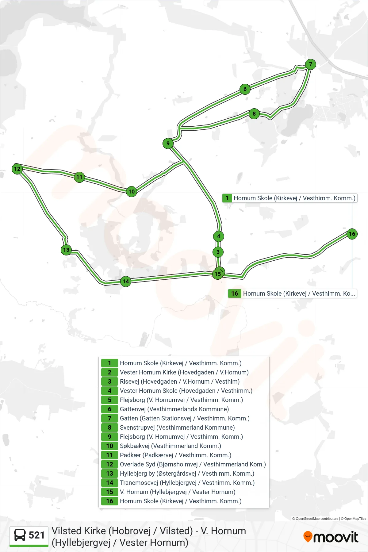 521 bus Linje (Gatten - V.Hornum) rute og stop på et kort