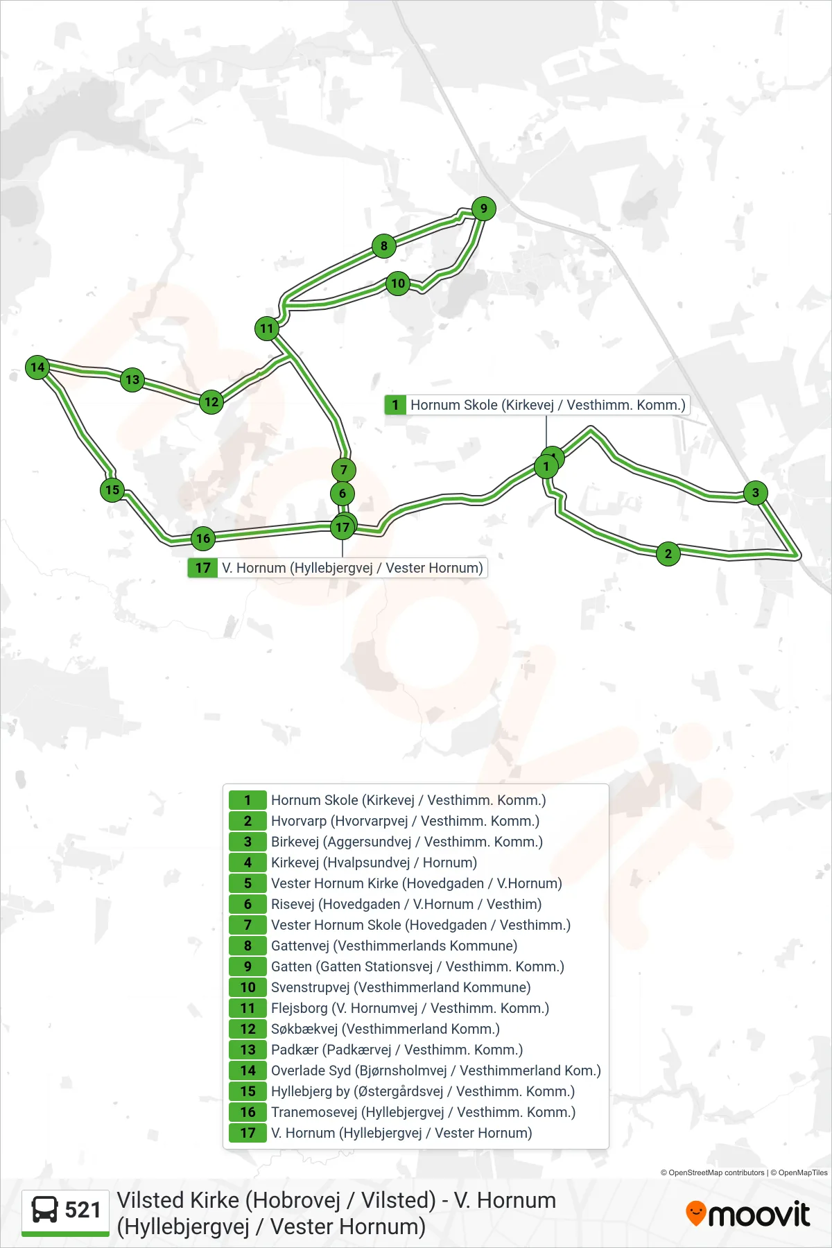 521 bus Linje (Vilsted - V.Hornum) rute og stop på et kort