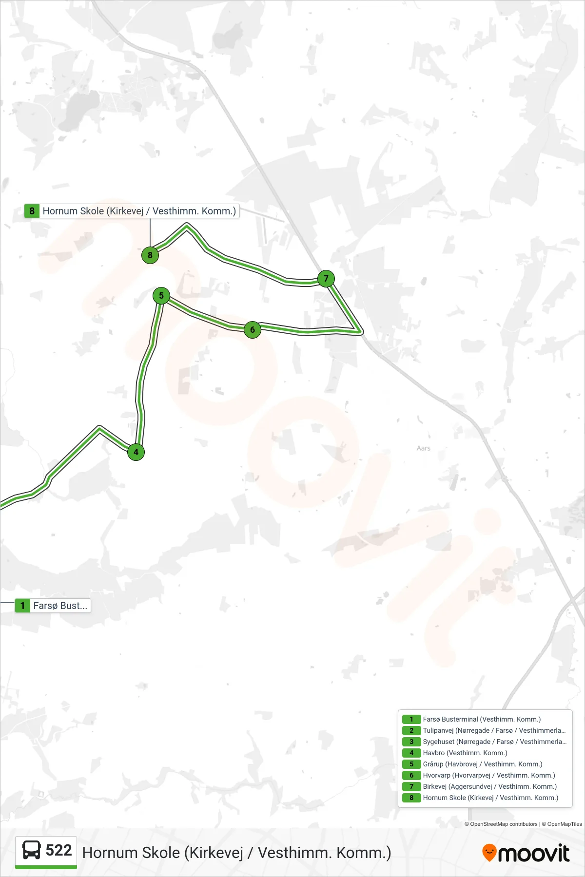 522 bus Linje (Hornum Skole (Kirkevej / Vesthimm. Komm.)) rute og stop på et kort