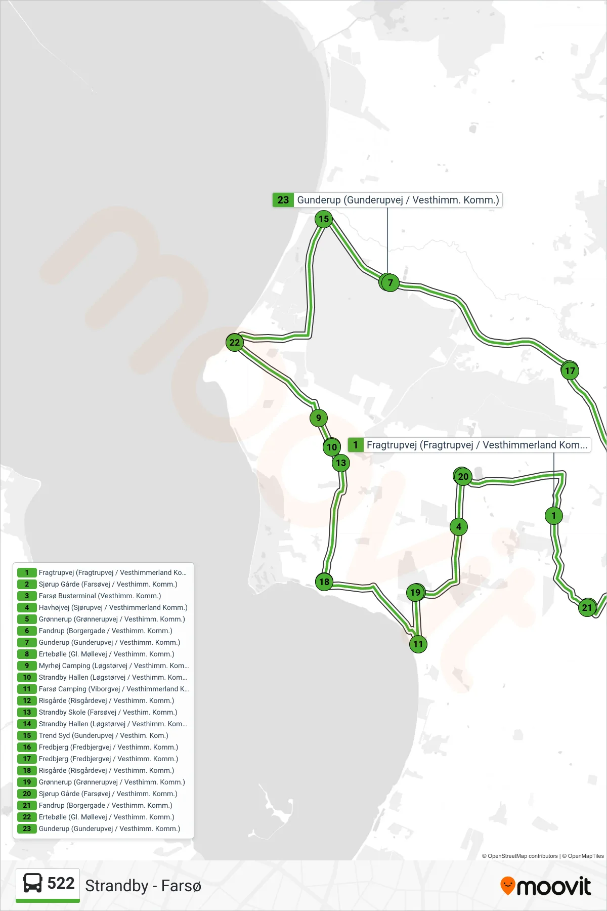 522 bus Linje (Strandby - Farsø) rute og stop på et kort