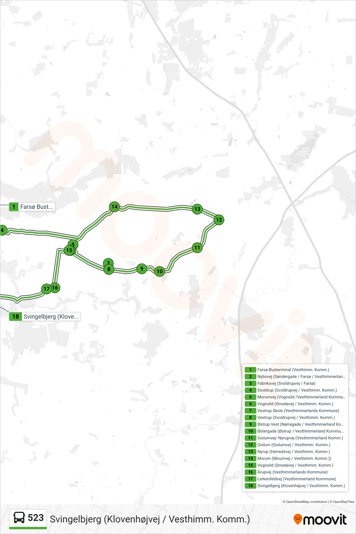 523 bus Linje (Svingelbjerg (Klovenhøjvej / Vesthimm. Komm.)) rute og stop på et kort