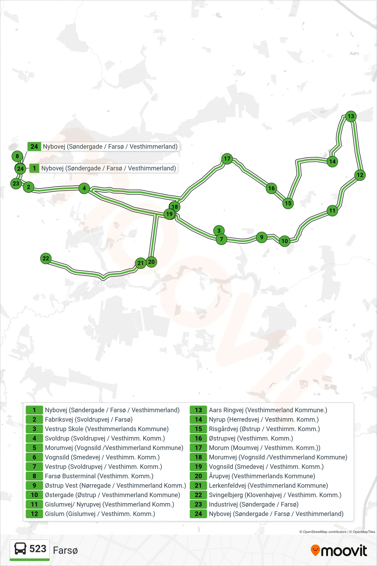 523 bus Linje (Farsø) rute og stop på et kort