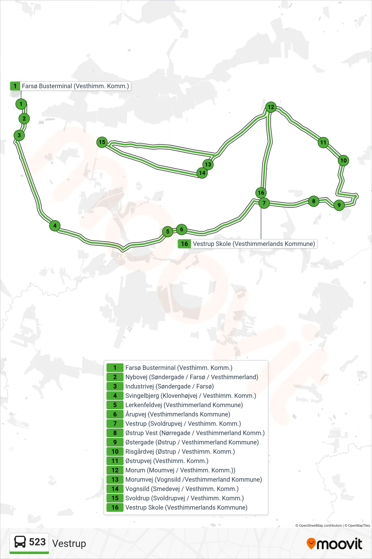 523 bus Linje (Vestrup) rute og stop på et kort