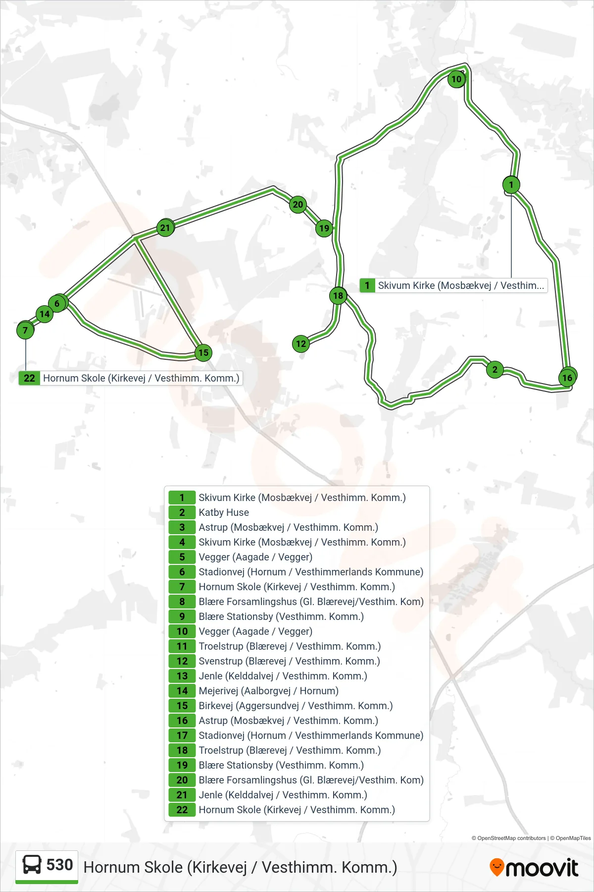 530 bus Linje (Hornum Skole (Kirkevej / Vesthimm. Komm.)) rute og stop på et kort